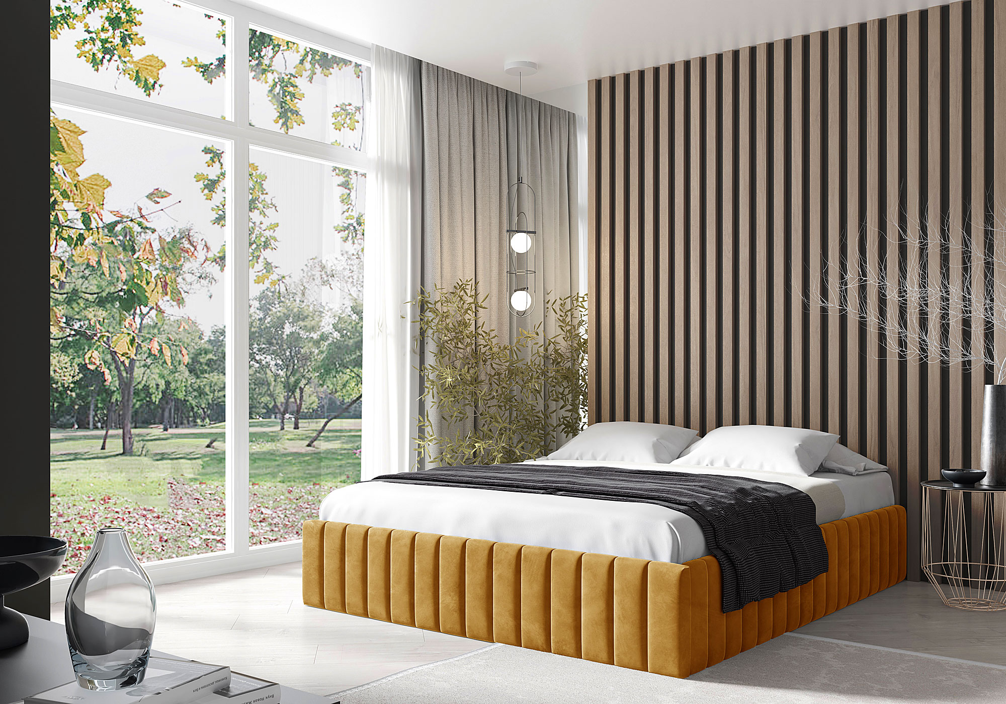 Aranżacja sypialni z musztardowym łóżkiem kontynentalnym Tivrro