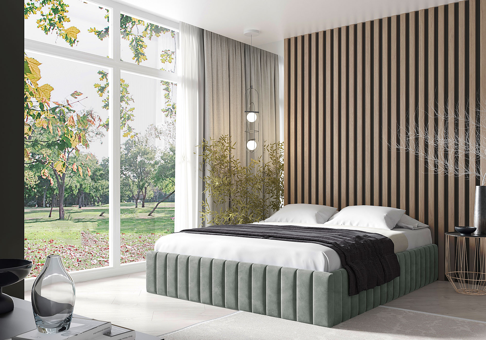 Aranżacja sypialni z szarym łóżkiem kontynentalnym Tivrro