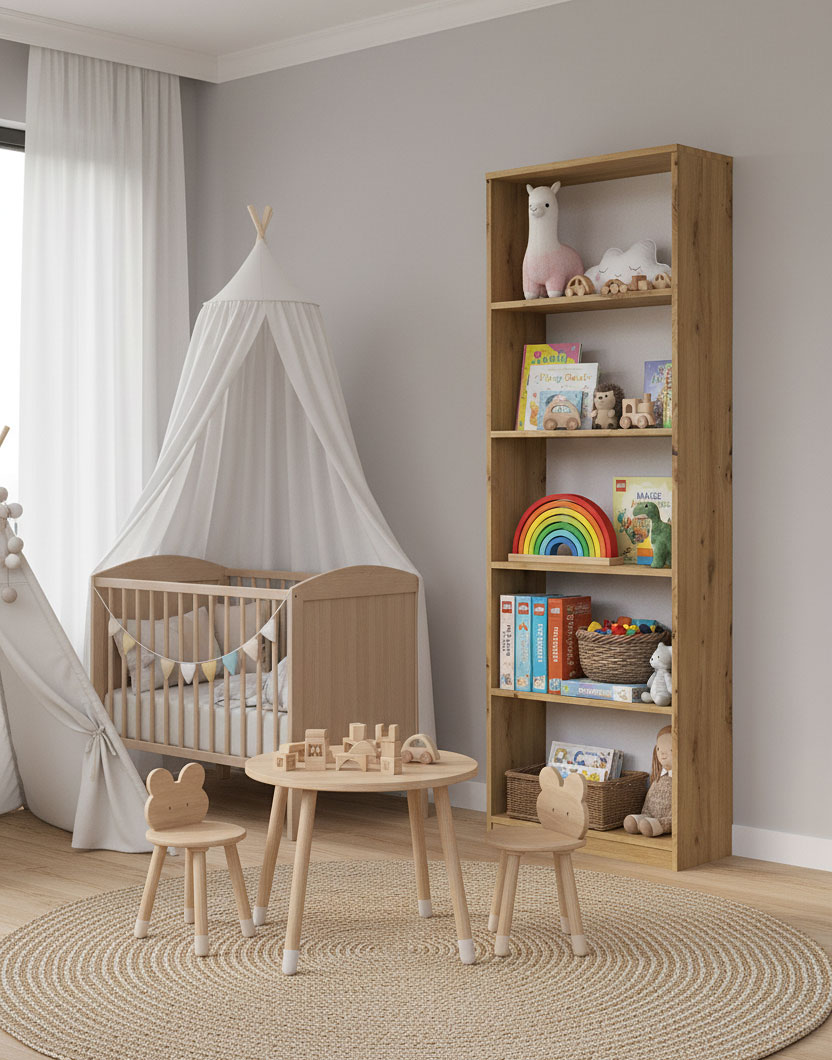 Aranżacja pokoju dziecięcego z regałem na zabawki Fawios 2X dąb artisan