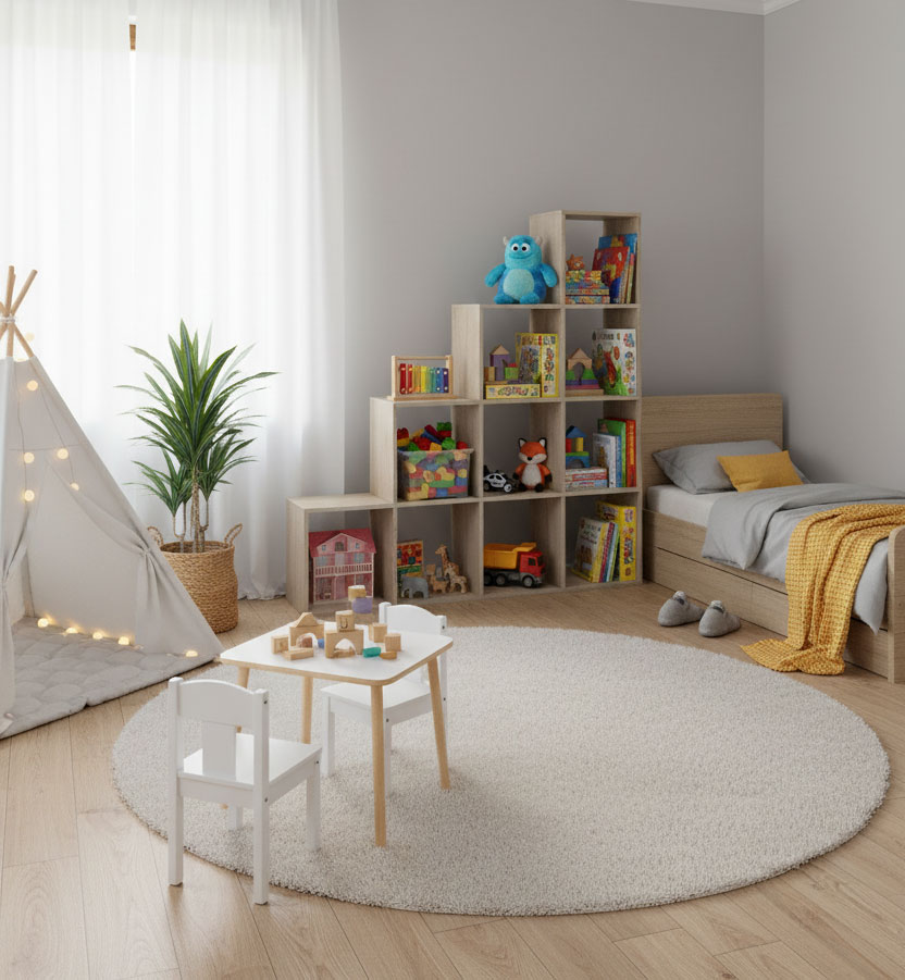 Aranżacja pokoju dziecięcego z regałem na zabawki Cesaro 5X dąb sonoma