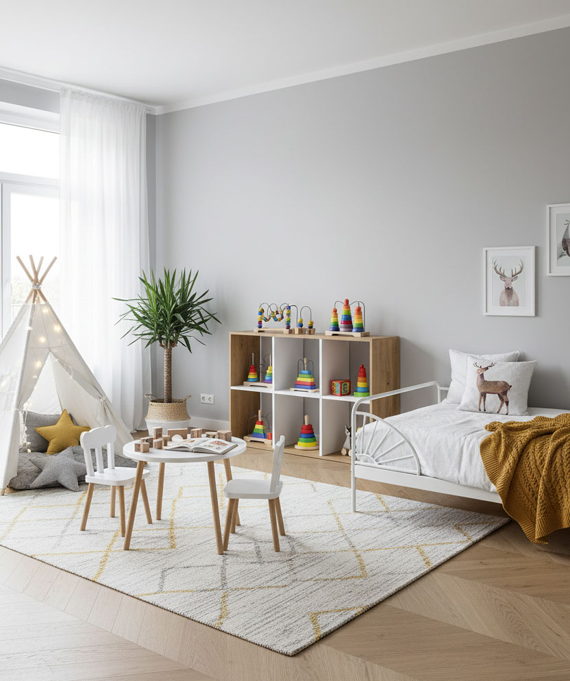 Pokój dziecięcy z regałem na zabawki dąb artisan Atela 4X