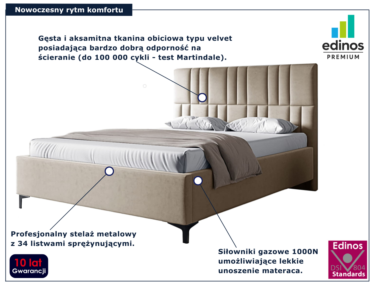 Beżowe tapicerowane welurem łóżko Eserra