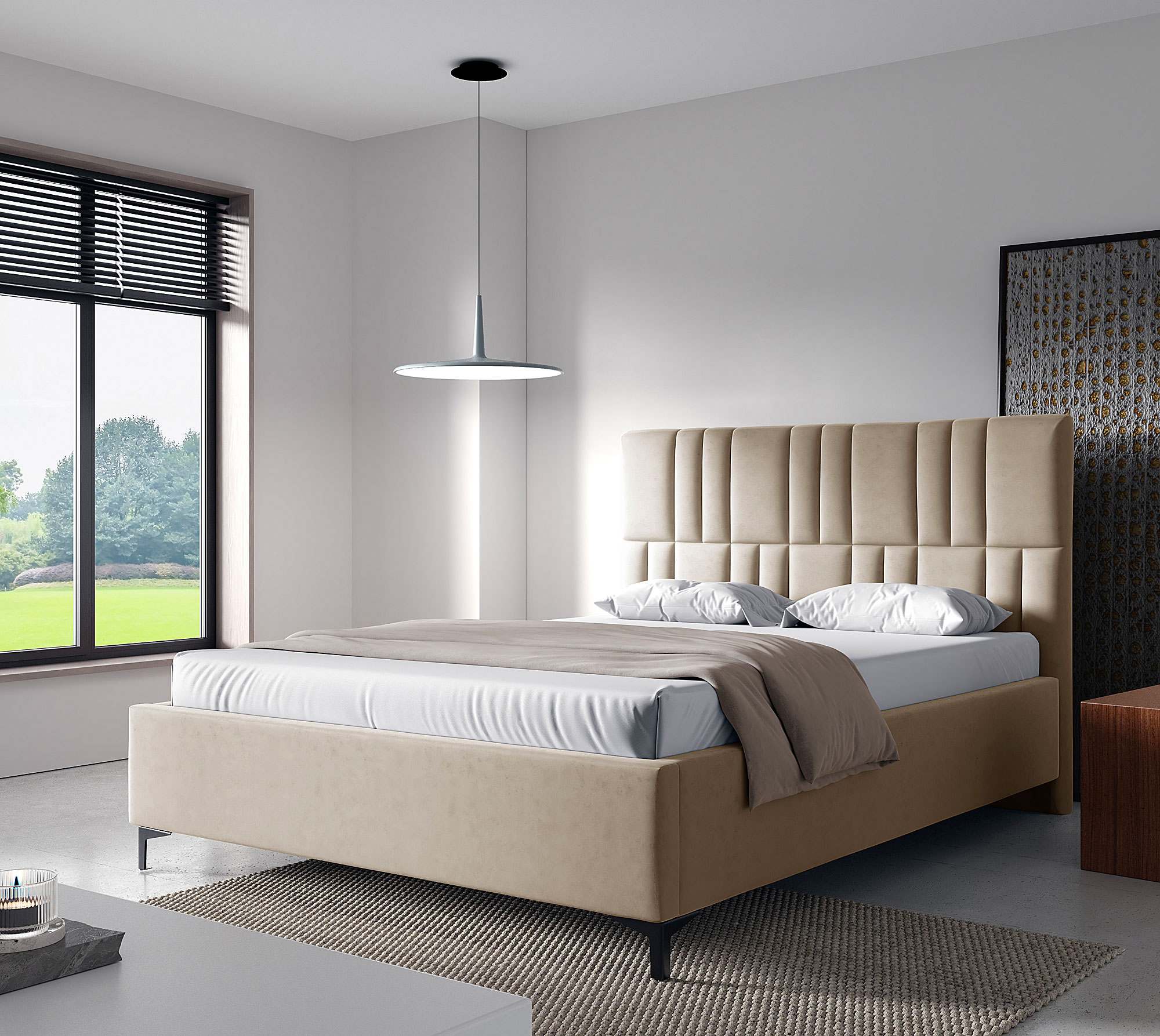 Aranżacja sypialni z beżowym łóżkiem kontynentalnym Eserra