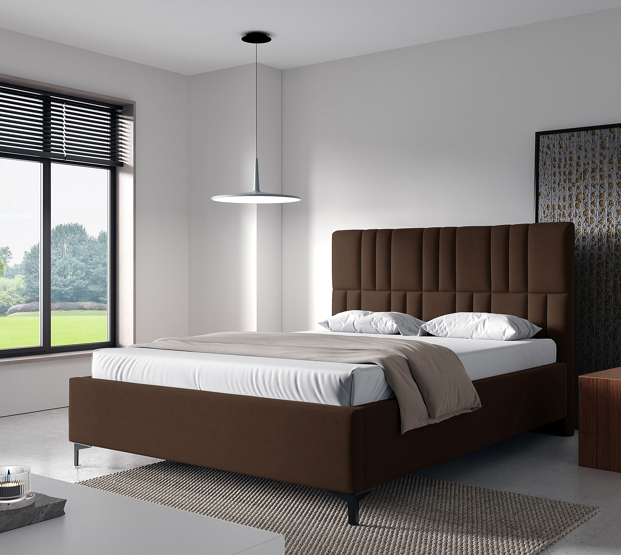 Aranżacja sypialni z brązowym łóżkiem kontynentalnym Eserra