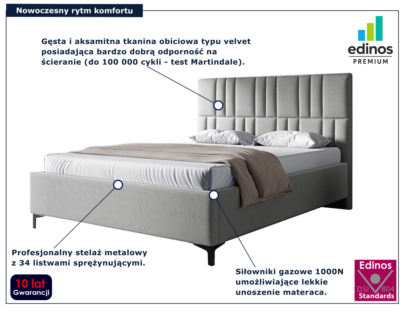Jasnoszare tapicerowane welurem łóżko Eserra