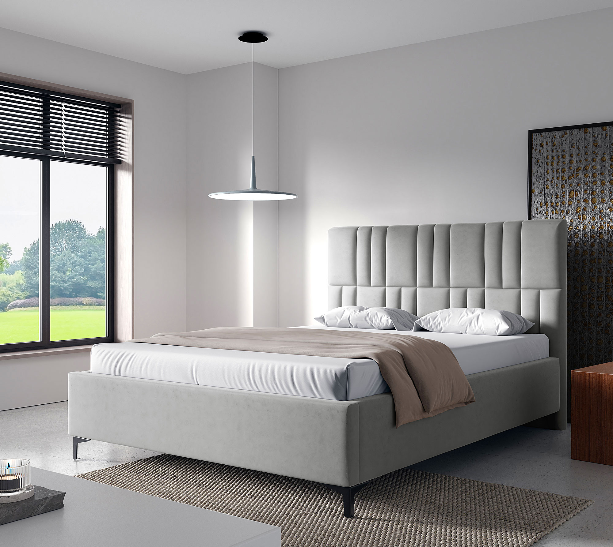Aranżacja sypialni z jasnoszarym łóżkiem kontynentalnym Eserra