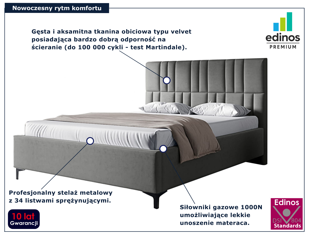 Ciemnoszare tapicerowane welurem łóżko Eserra