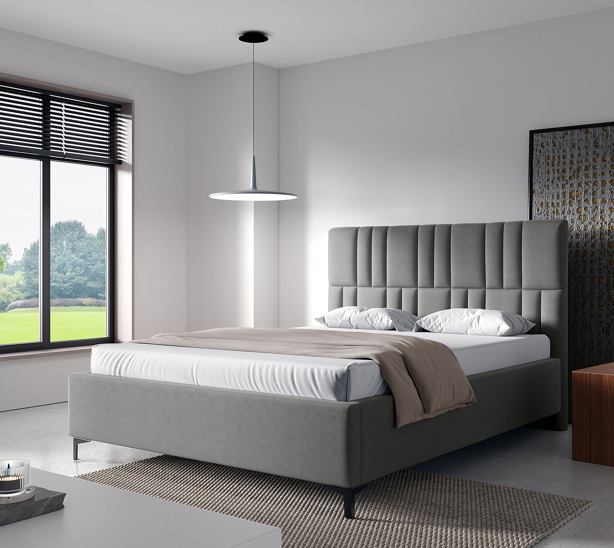 Aranżacja sypialni z ciemnoszarym łóżkiem kontynentalnym Eserra