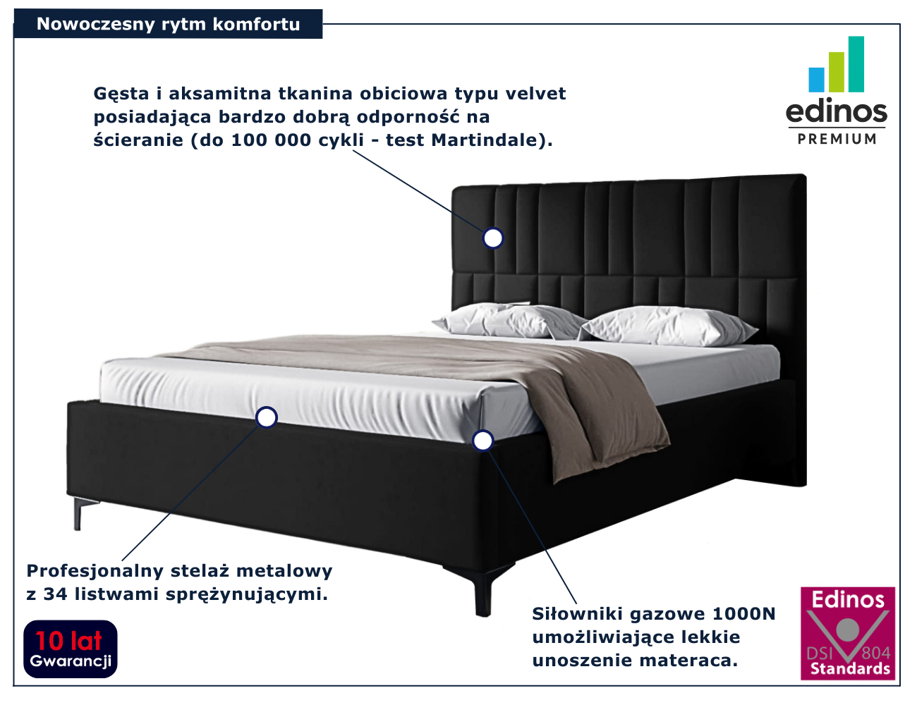 Czarne tapicerowane welurem łóżko Eserra