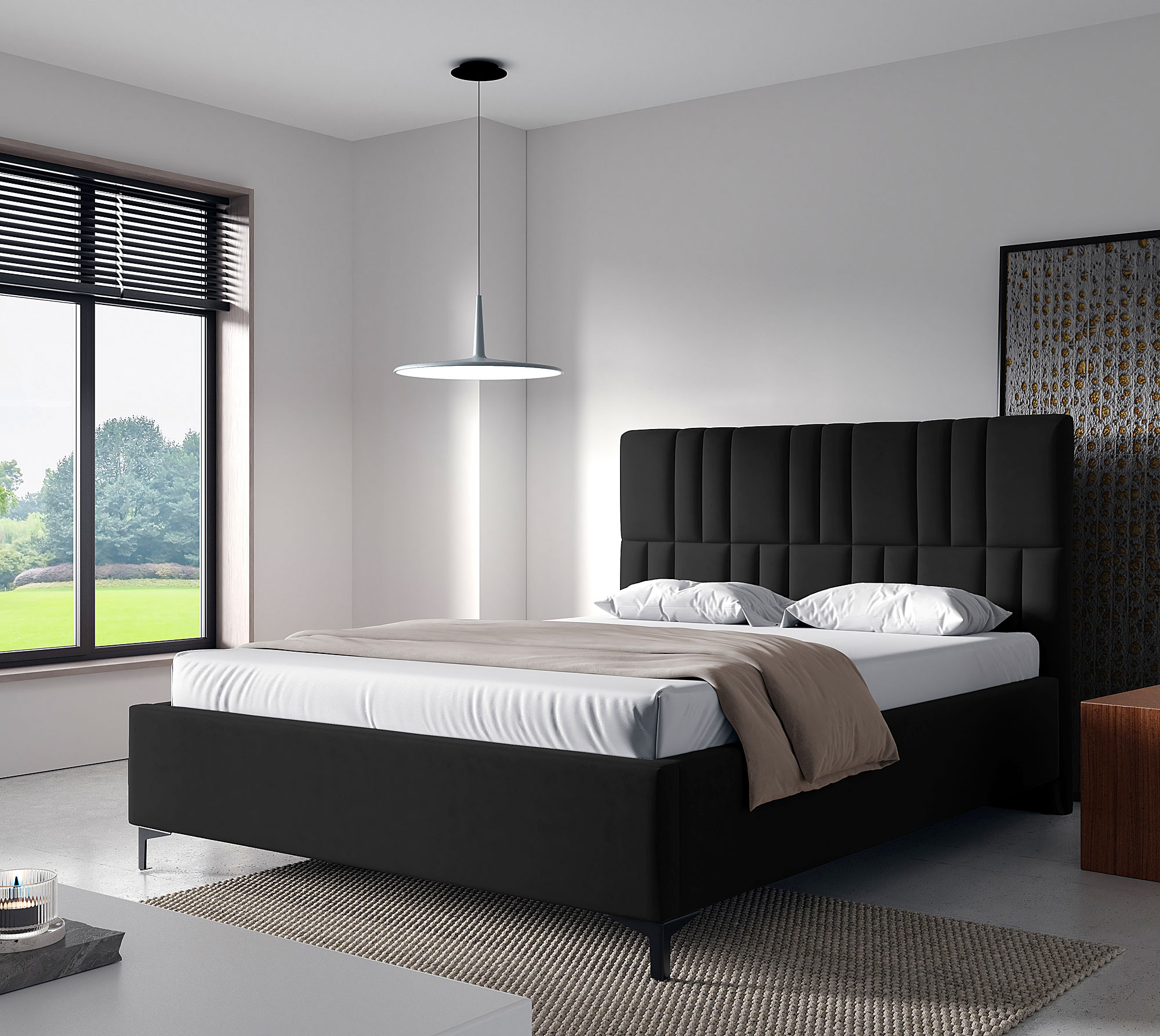 Aranżacja sypialni z czarnym łóżkiem kontynentalnym Eserra