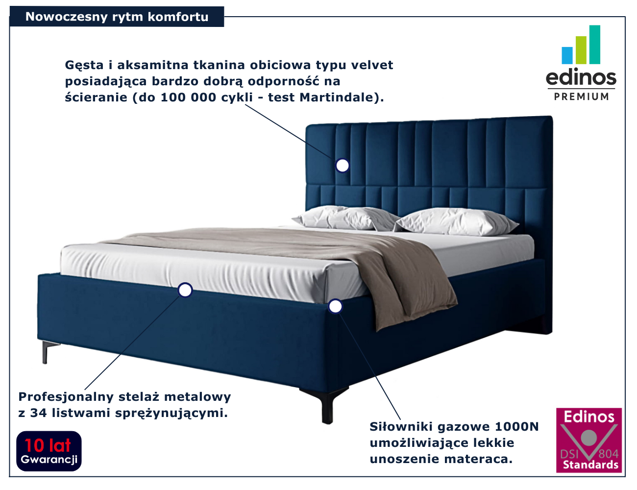 Granatowe tapicerowane welurem łóżko Eserra