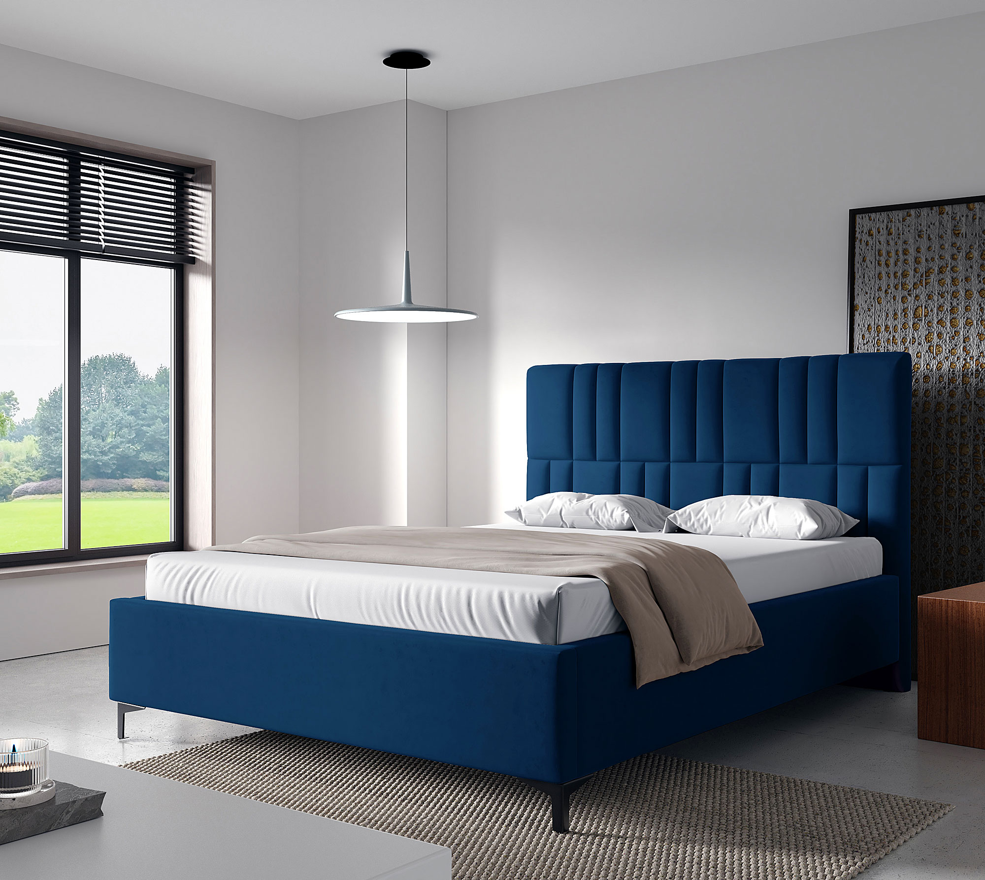 Aranżacja sypialni z granatowym łóżkiem kontynentalnym Eserra