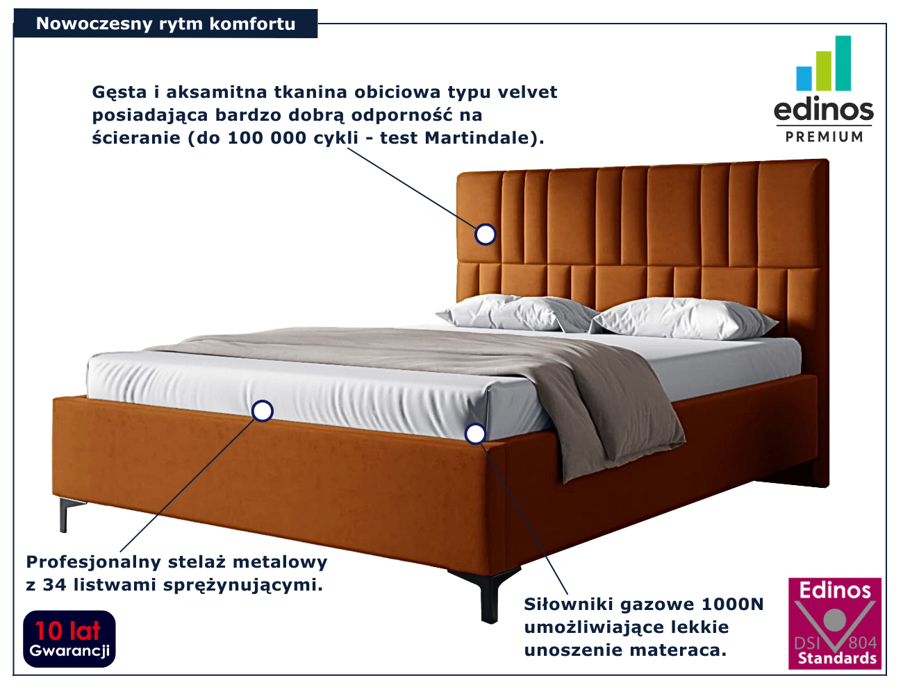 Pomarańczowe tapicerowane welurem łóżko Eserra