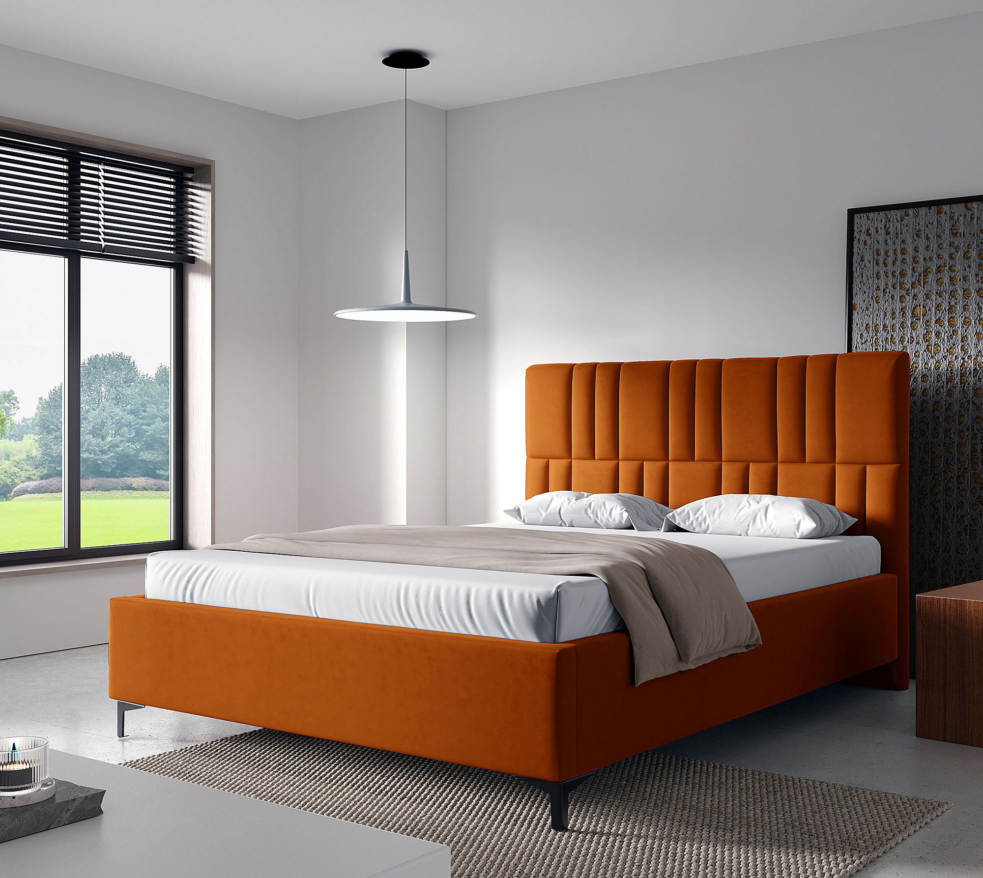 Aranżacja sypialni z pomarańczowym łóżkiem kontynentalnym Eserra