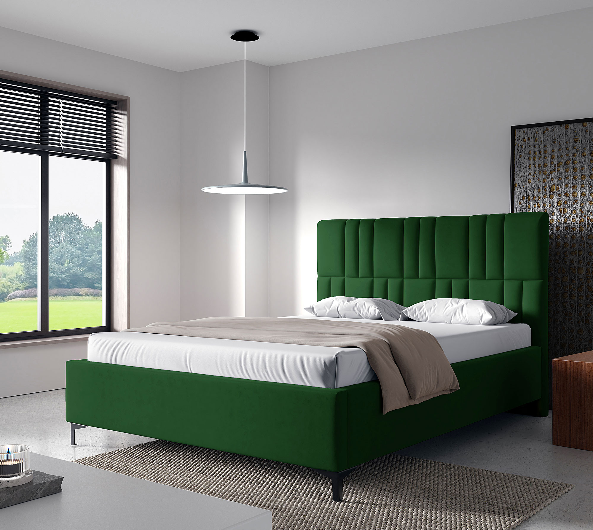 Aranżacja sypialni z zielonym łóżkiem kontynentalnym Eserra