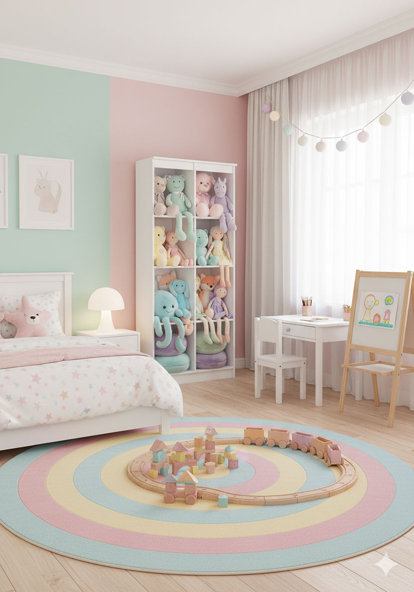 Pokój dziecięcy z białym regałem na zabawki Daris