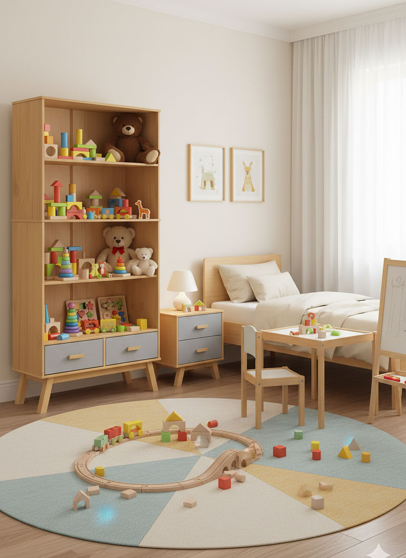 Sosnowy regał na zabawki Krebri 9X w pokoju dziecięcym