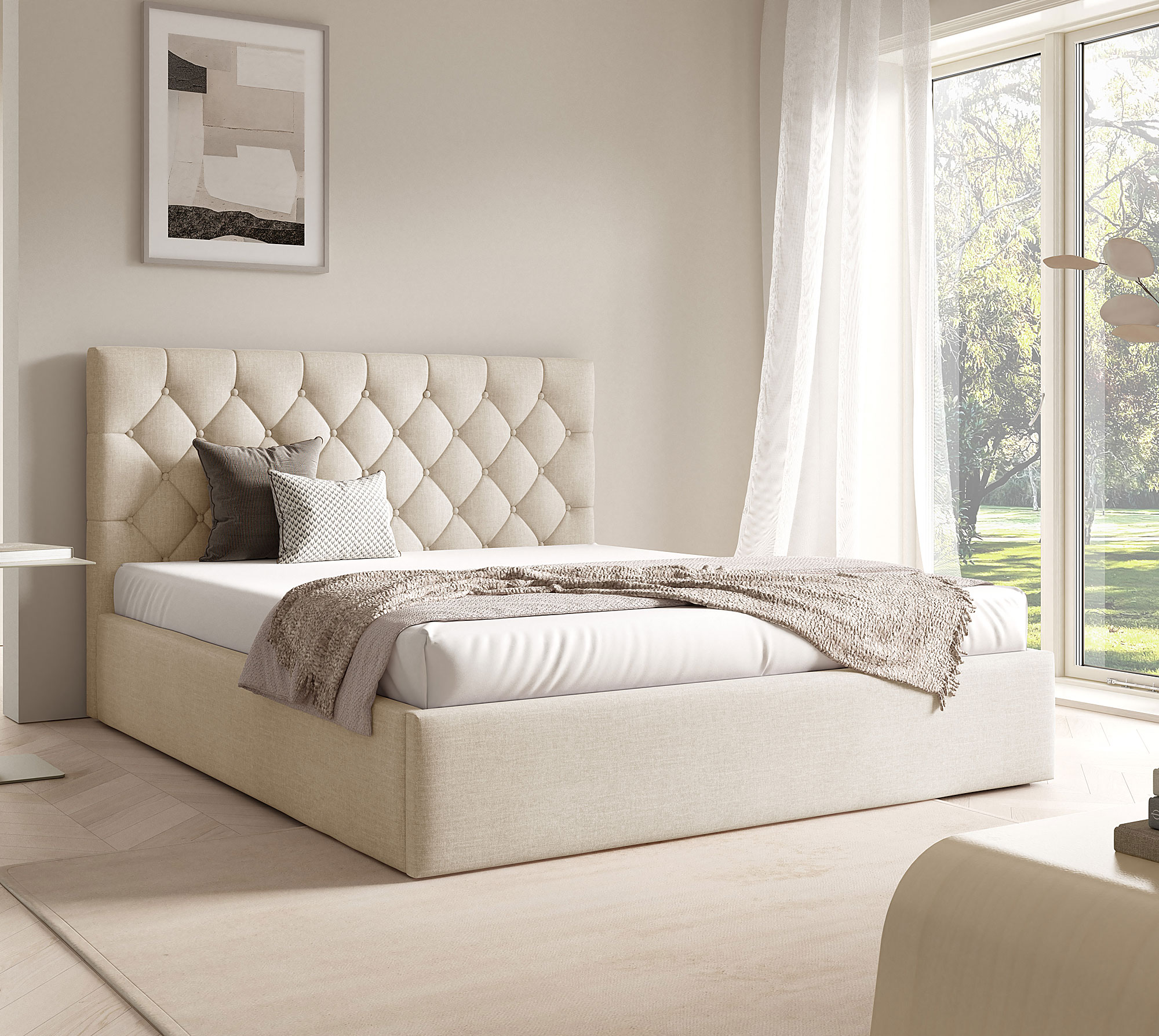 Aranżacja sypialni z beżowym łóżkiem tapicerowany Lestiria