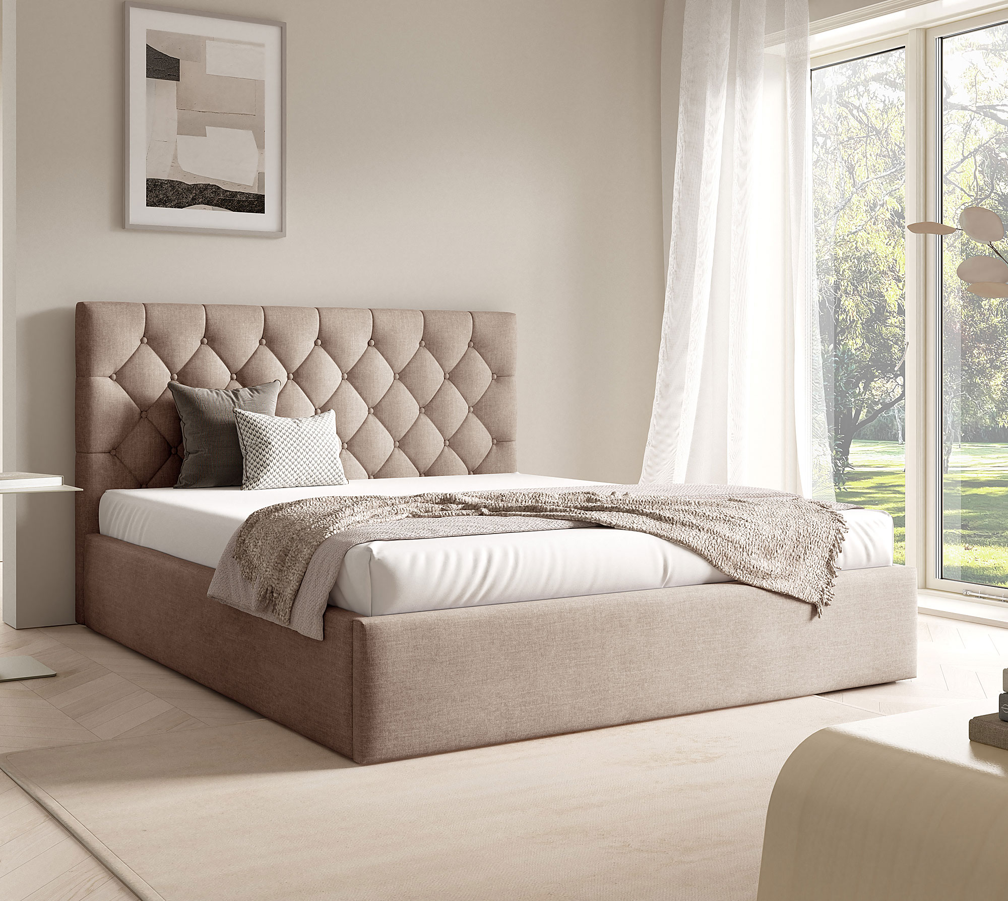 Aranżacja sypialni z jasnobrązowym łóżkiem tapicerowane Lestiria