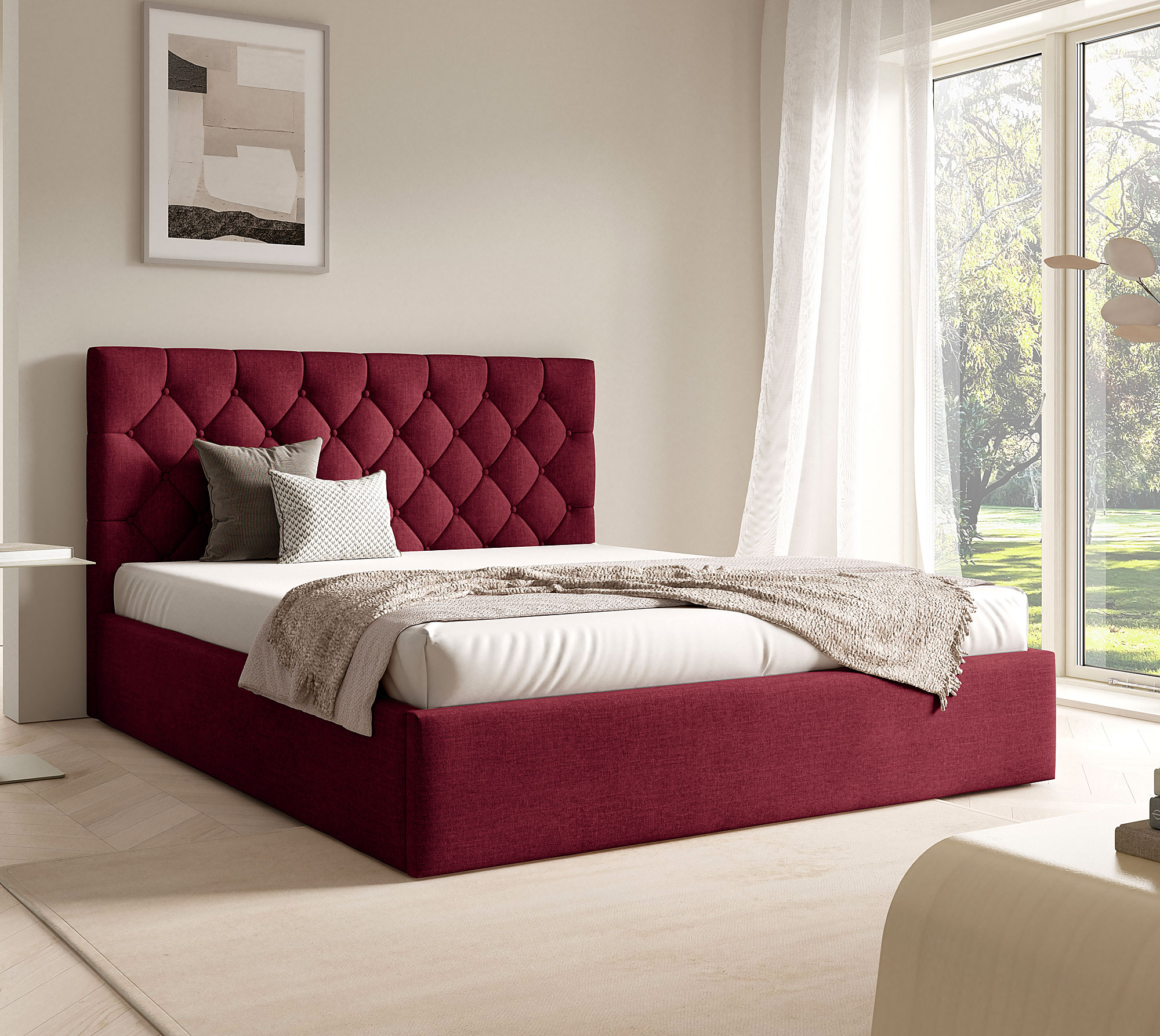 Aranżacja sypialni z bordowym łóżkiem tapicerowanym Lestiria