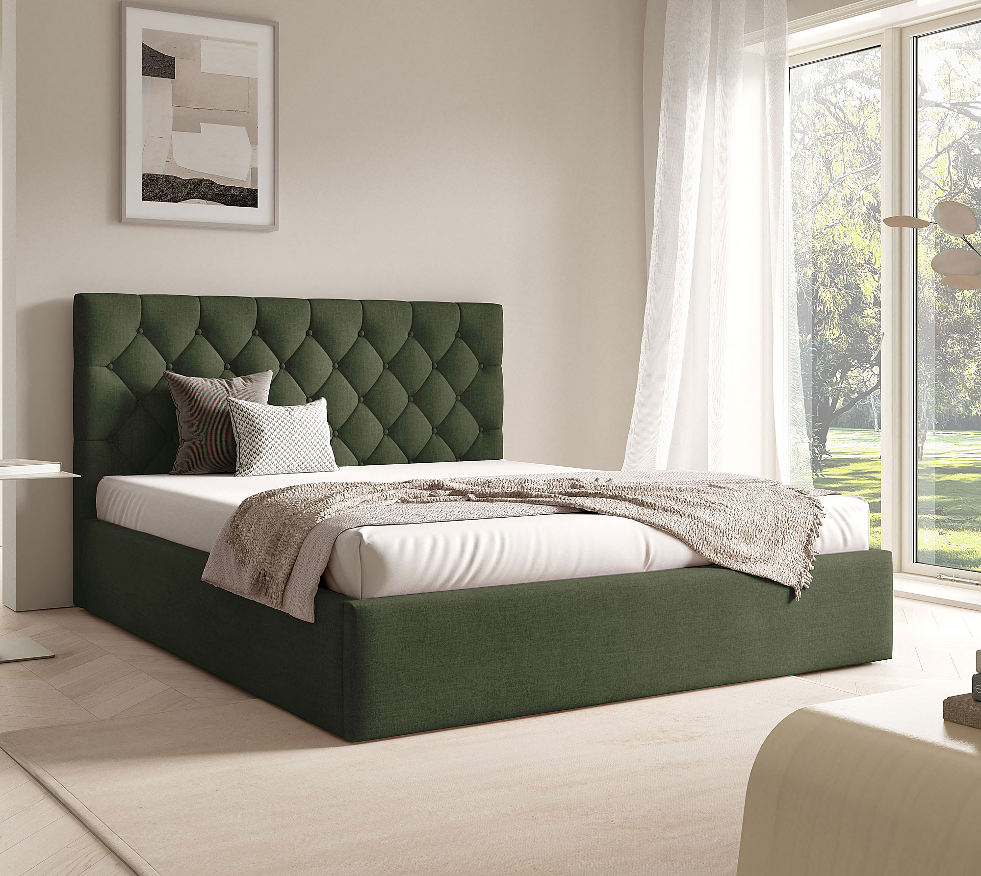 Aranżacja sypialni z zielonym łóżkiem tapicerowanym Lestiria