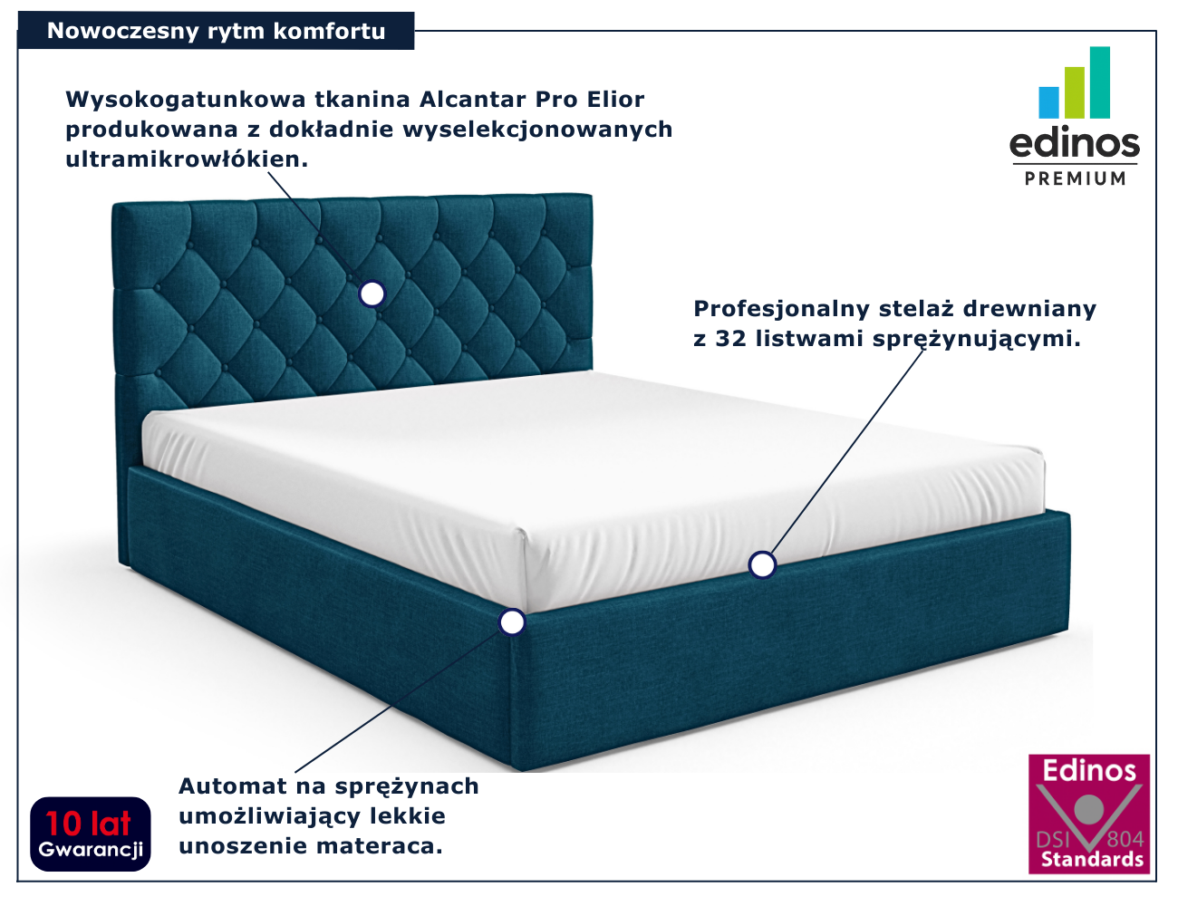 Niebieskie tapicerowane łóżko Lestiria