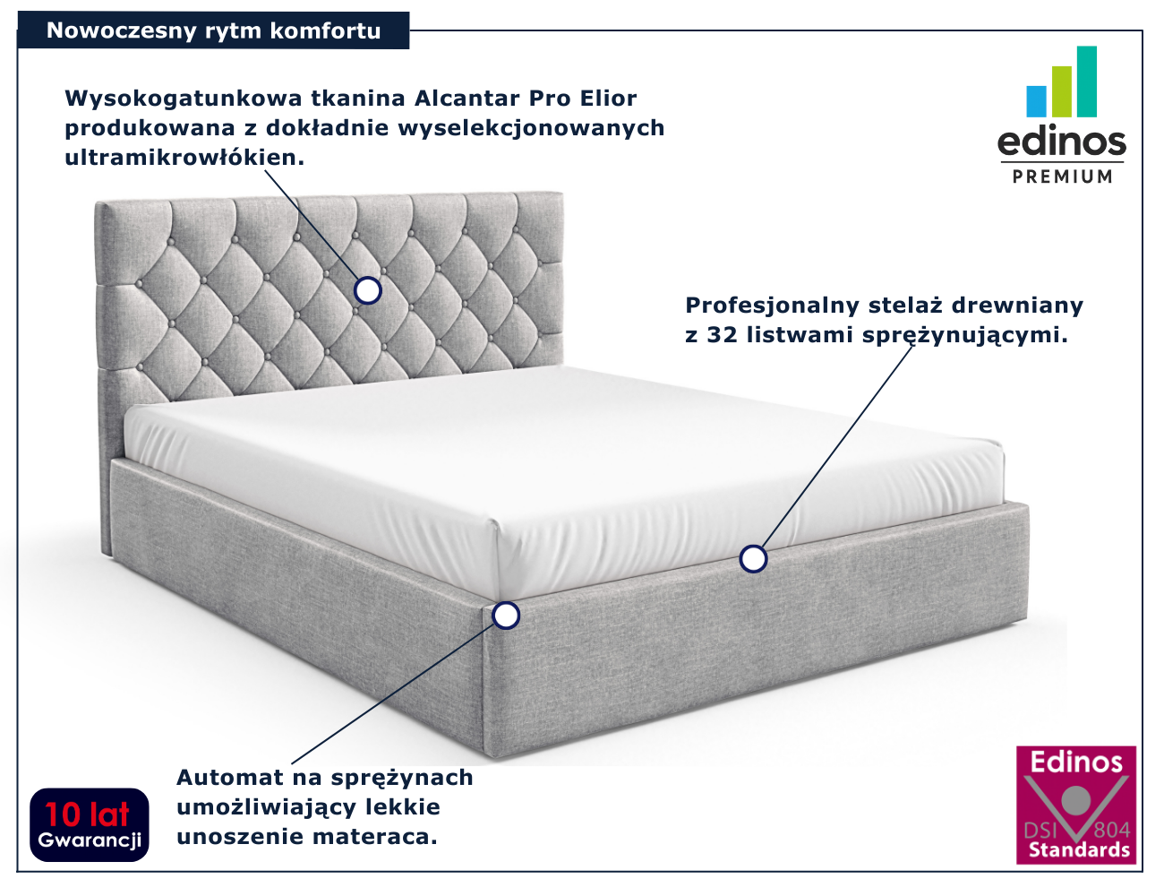 Jasnoszare tapicerowane łóżko Lestiria