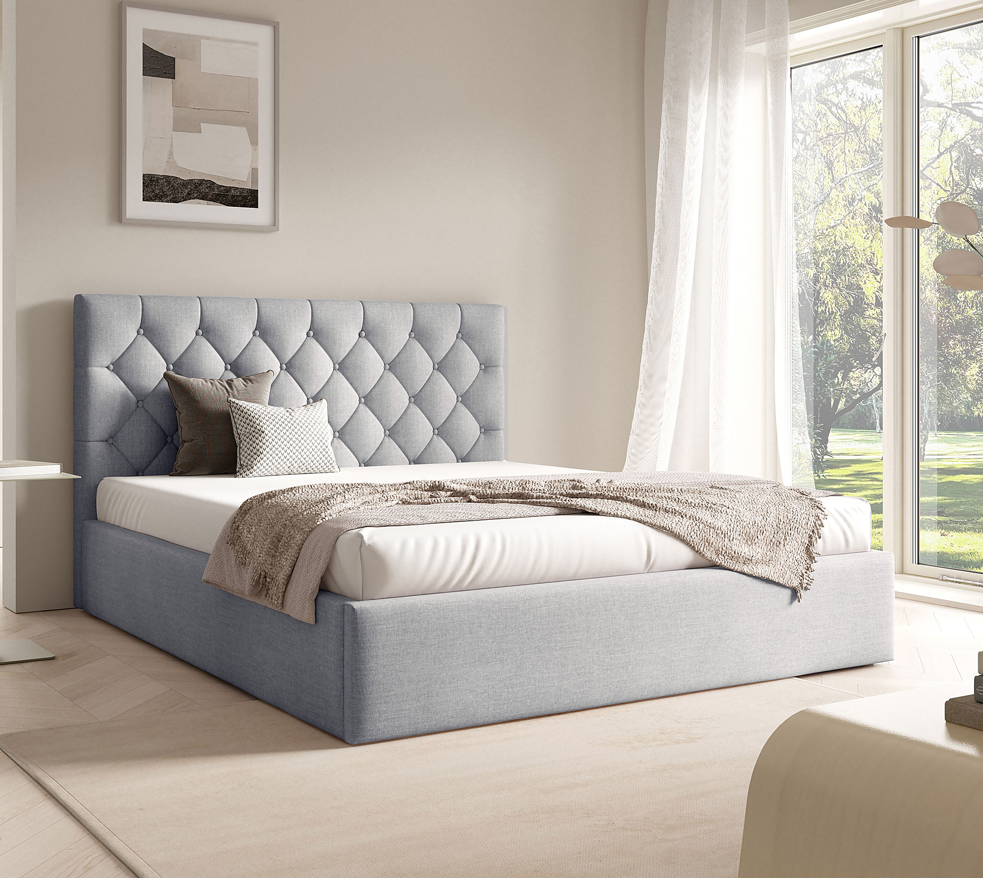 Aranżacja sypialni z jasnoszarym łóżkiem tapicerowanym Lestiria