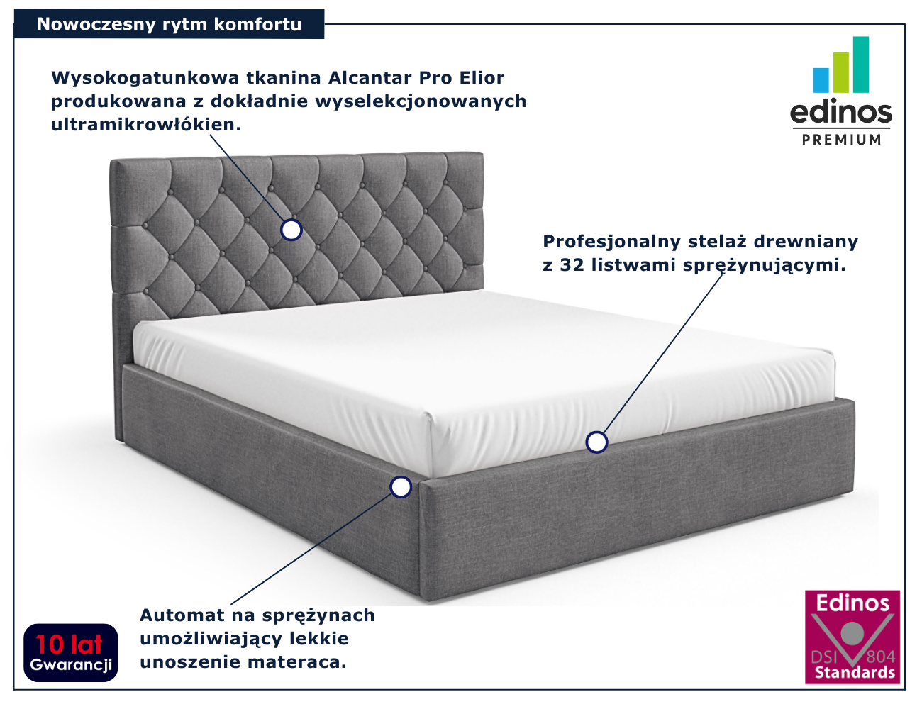 Ciemnoszare tapicerowane łóżko Lestiria