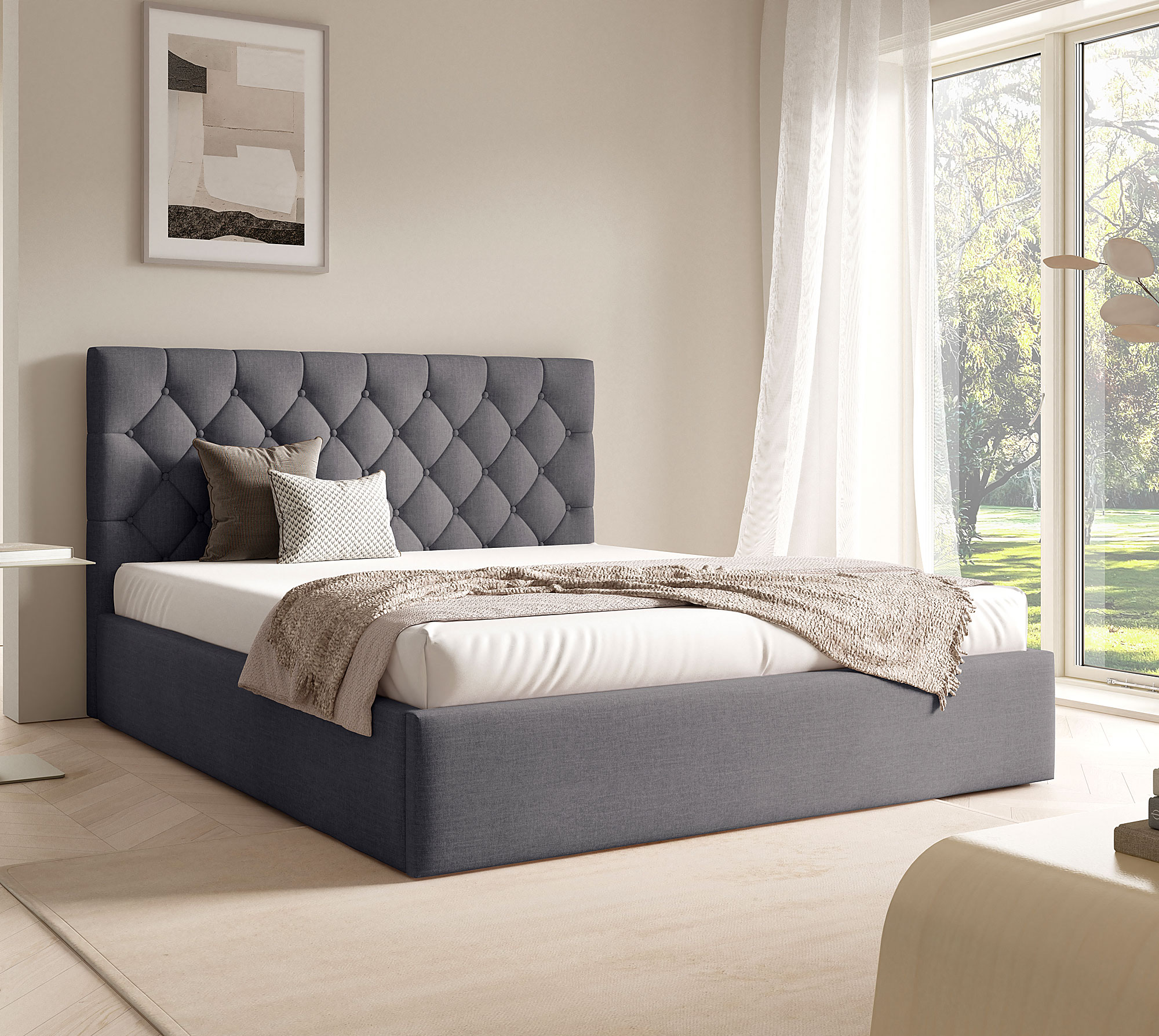 Aranżacja sypialni z ciemnoszarym łóżkiem tapicerowanym Lestiria