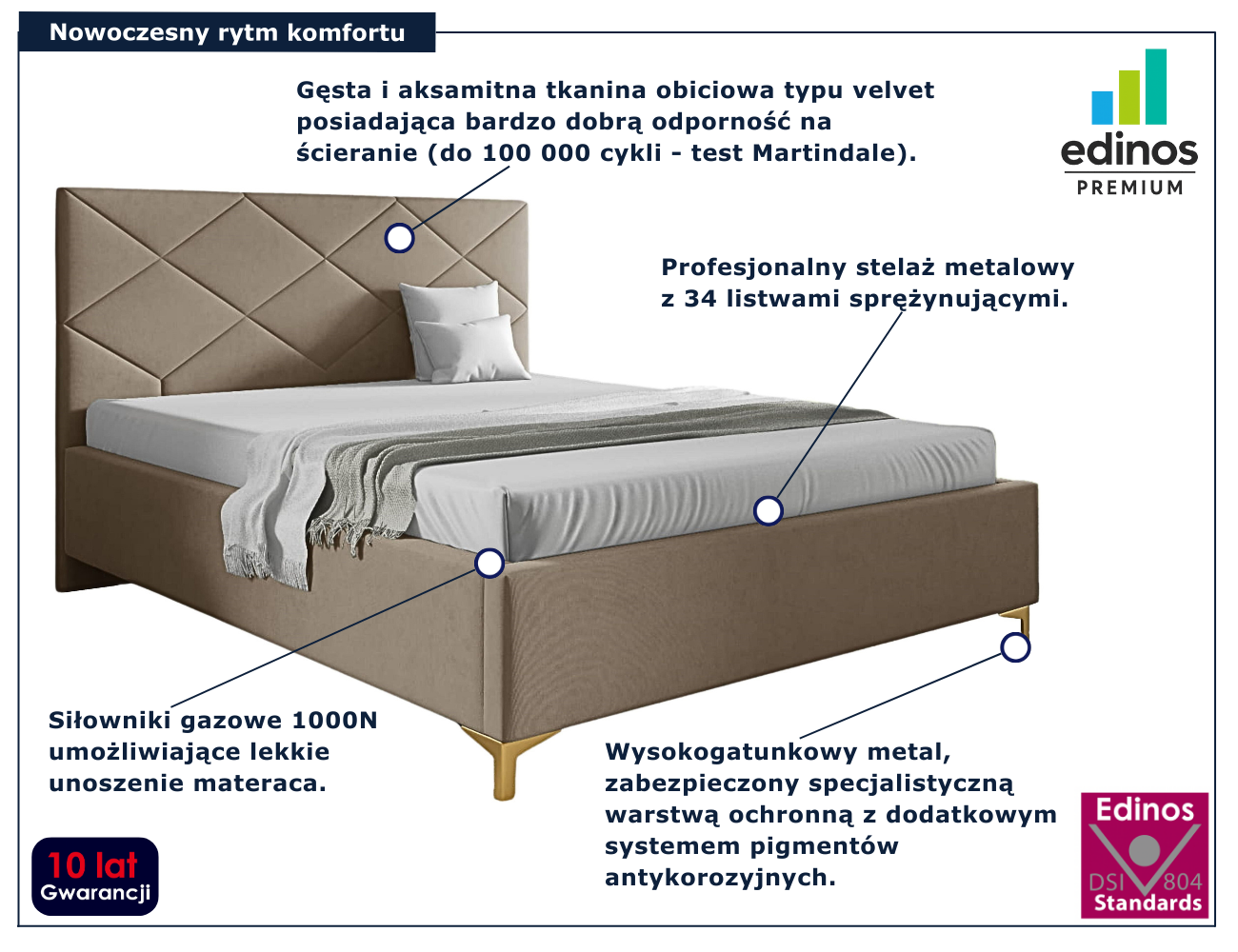 Beżowe tapicerowane łóżko z pikowanym zagłówkiem Tollviano