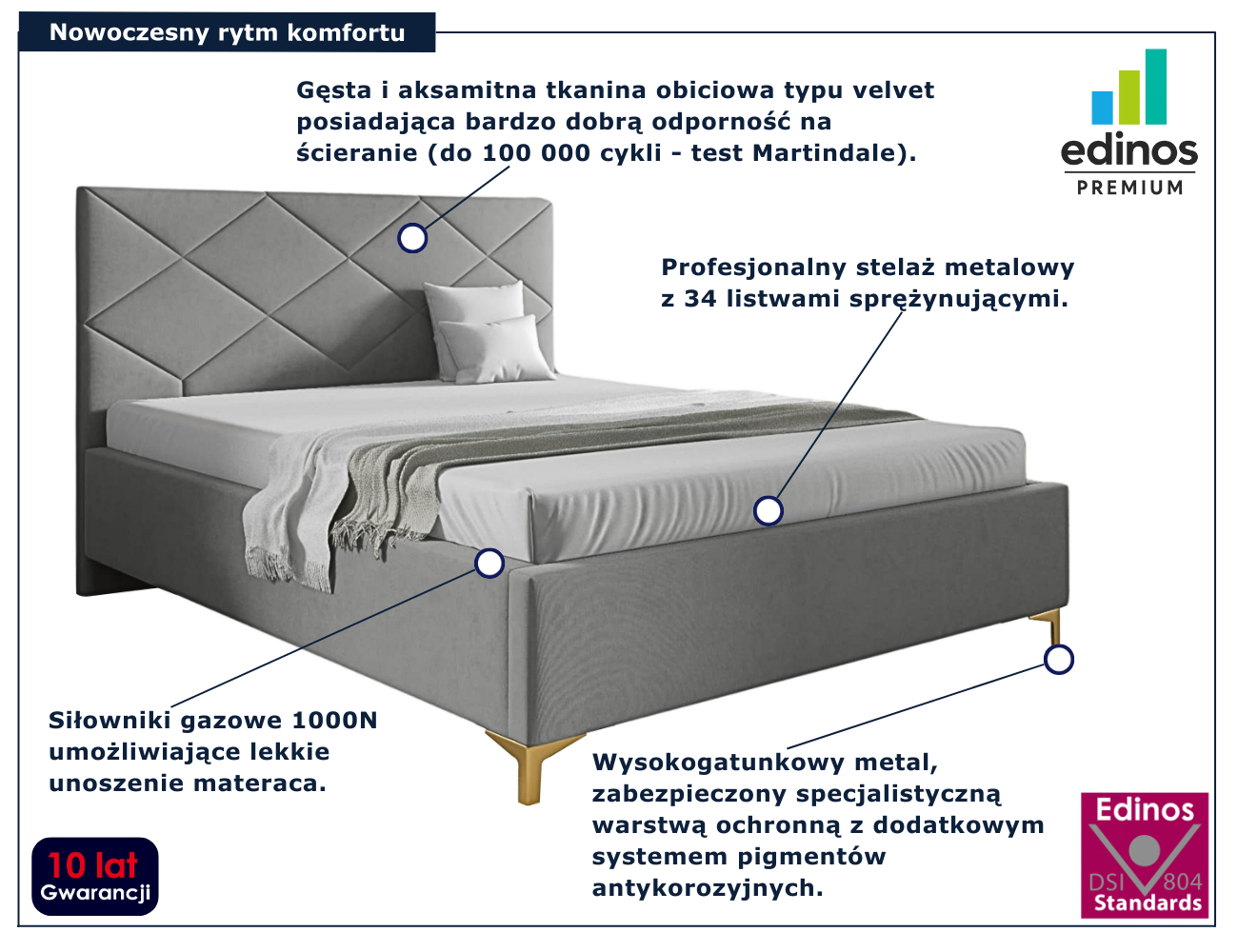 Jasnoszare tapicerowane łóżko z pikowanym zagłówkiem Tollviano