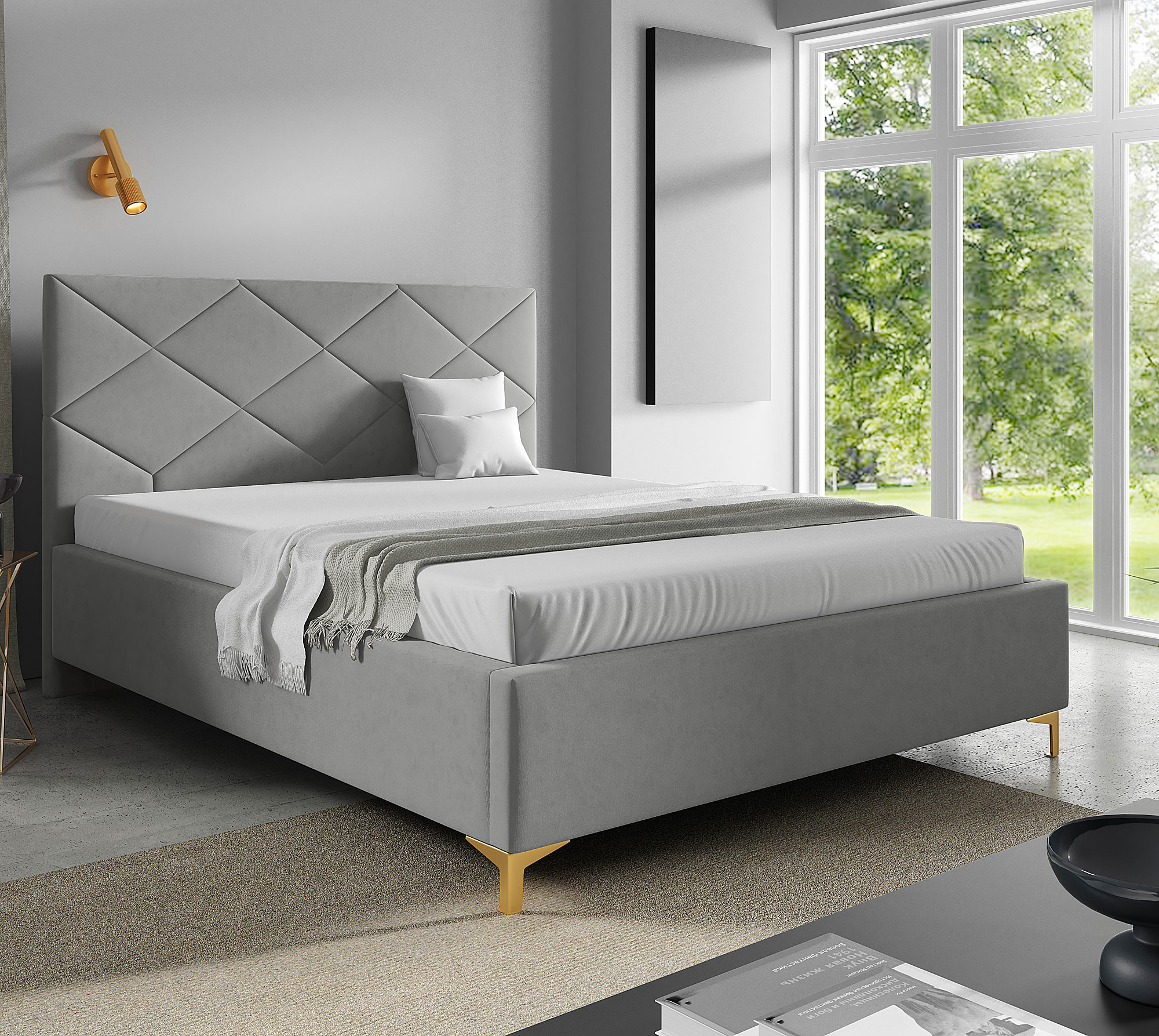 Aranżacja sypialni z jasnoszarym łóżkiem tapicerowanym Tollviano