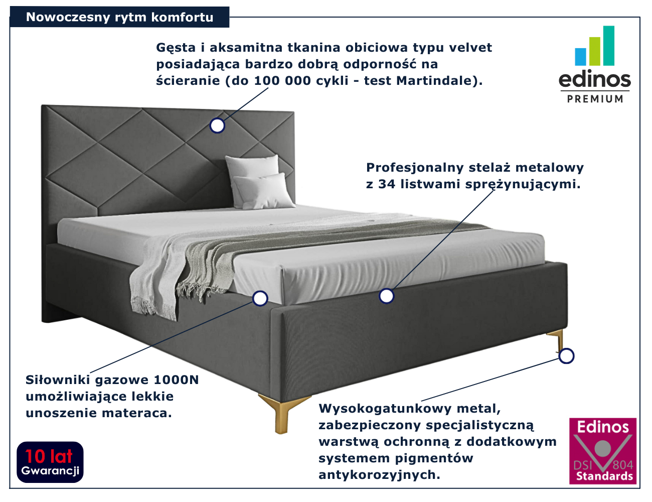 Ciemnoszare tapicerowane łóżko z pikowanym zagłówkiem Tollviano
