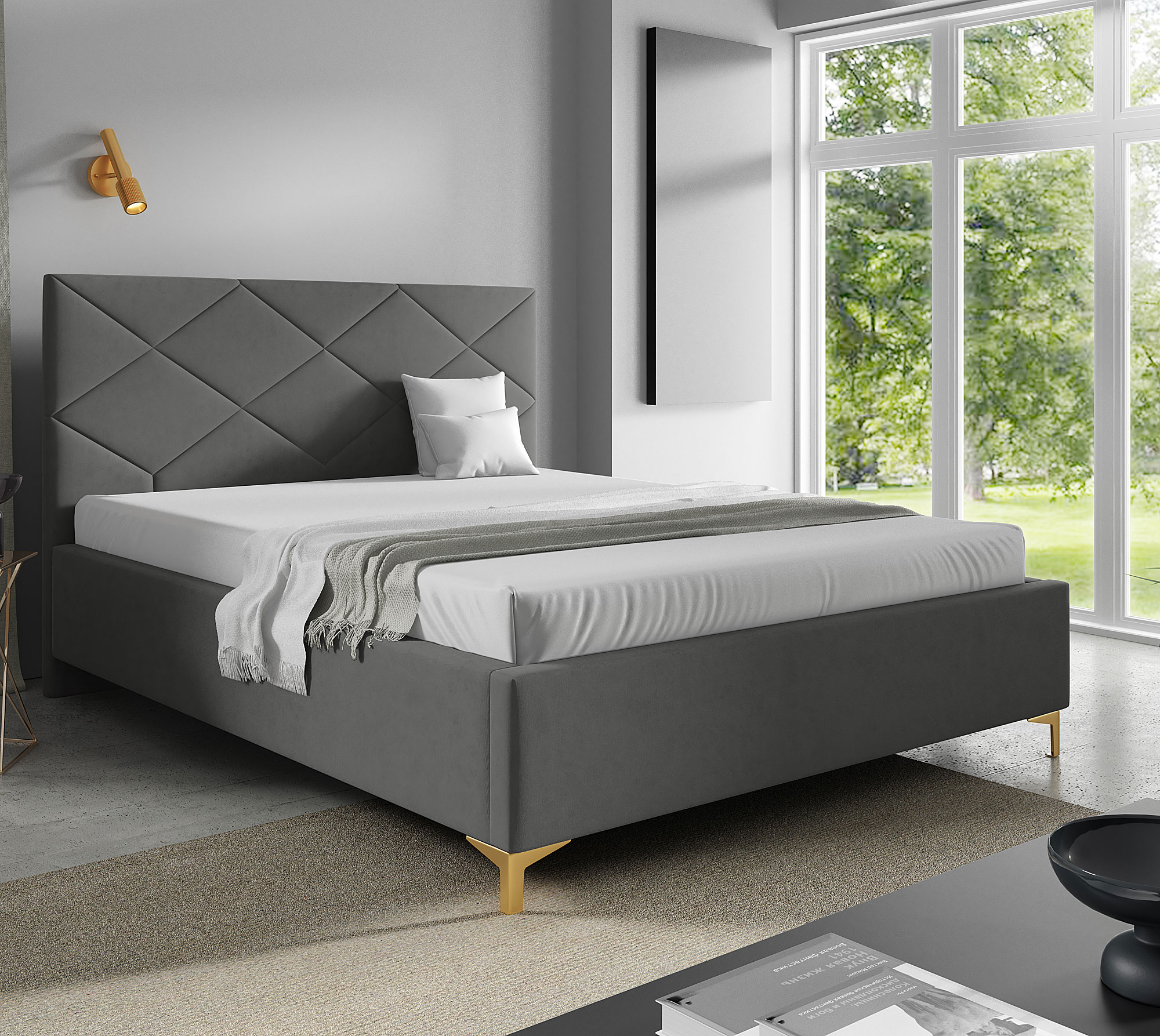 Aranżacja sypialni z ciemnoszarym łóżkiem tapicerowanym Tollviano