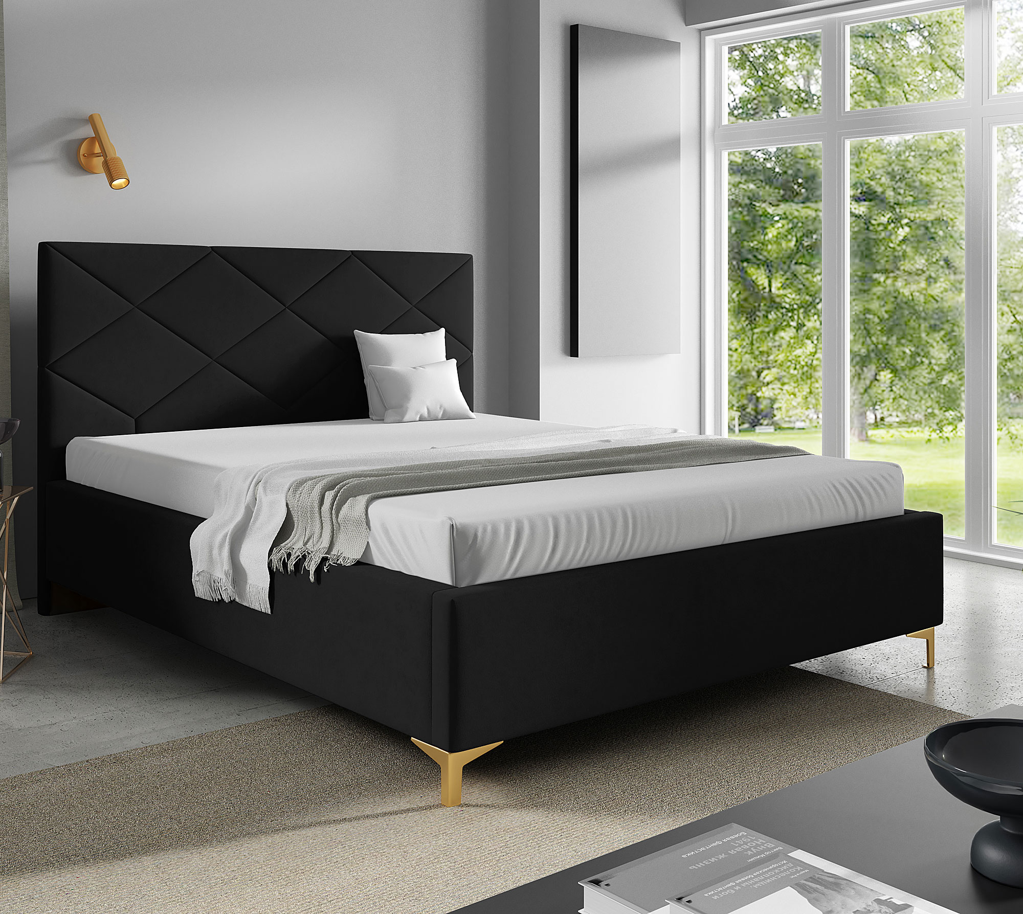 Aranżacja sypialni z czarnym łóżkiem tapicerowanym Tollviano