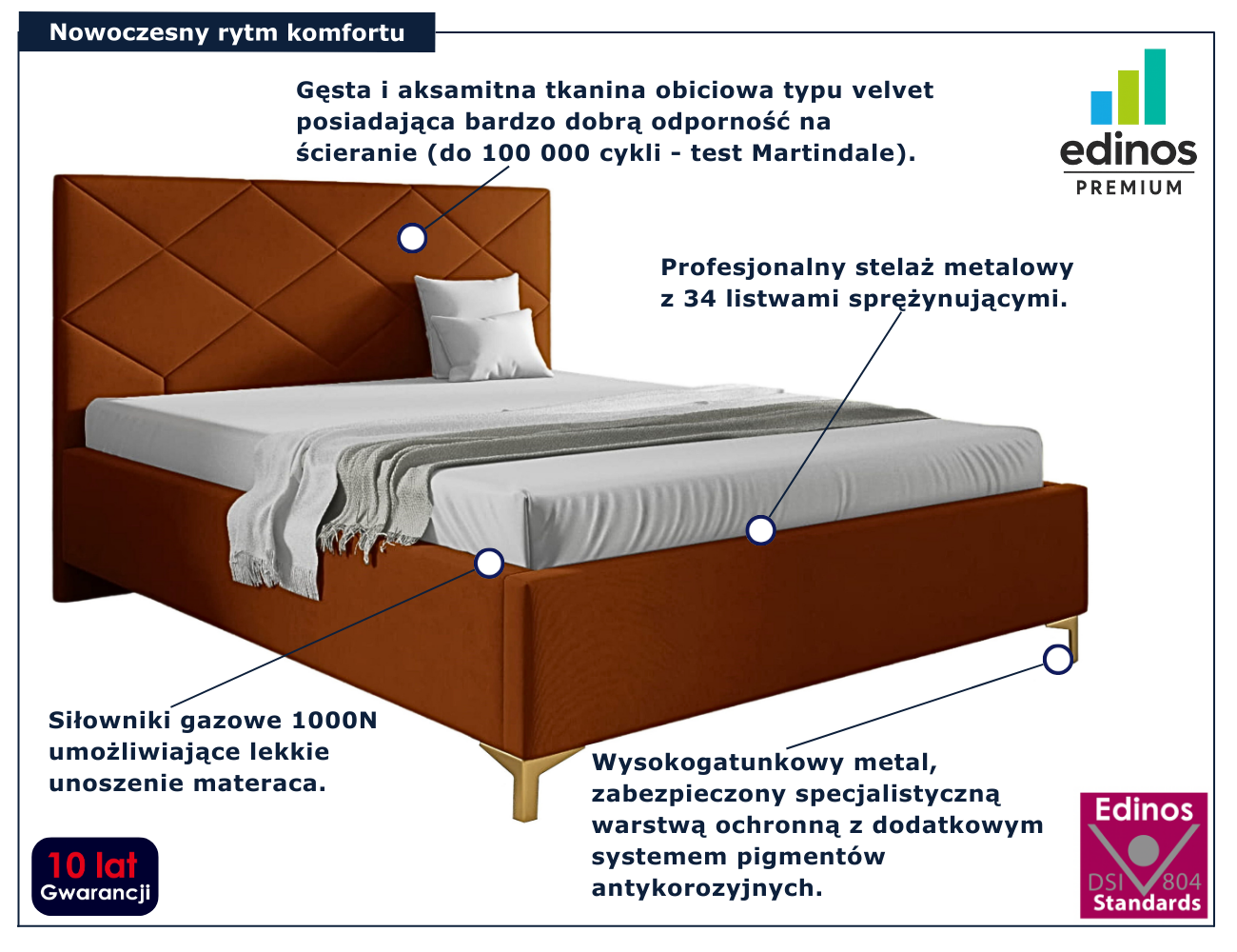 Pomarańczowe tapicerowane łóżko z pikowanym zagłówkiem Tollviano