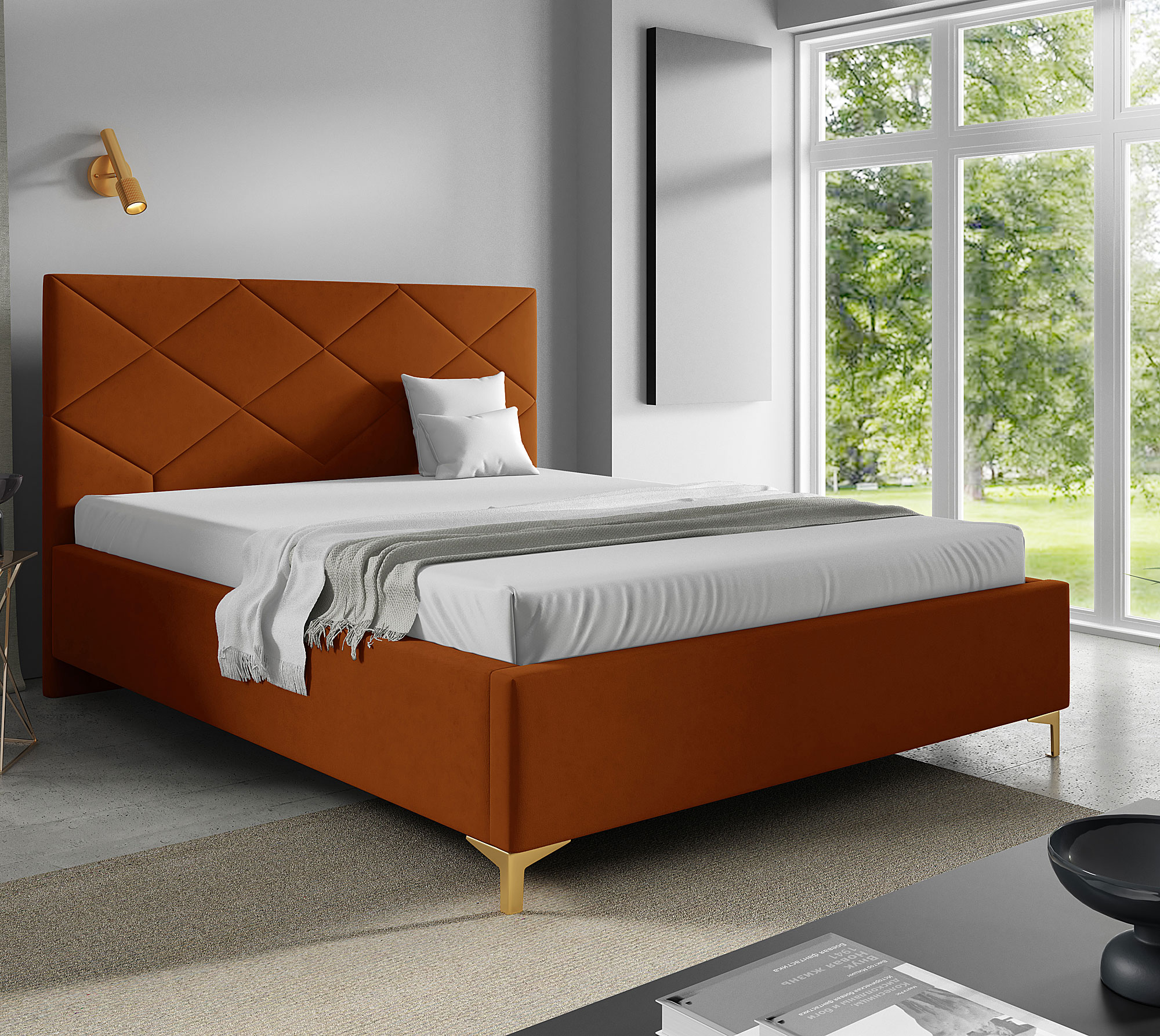 Aranżacja sypialni z pomarańczowym łóżkiem tapicerowanym Tollviano