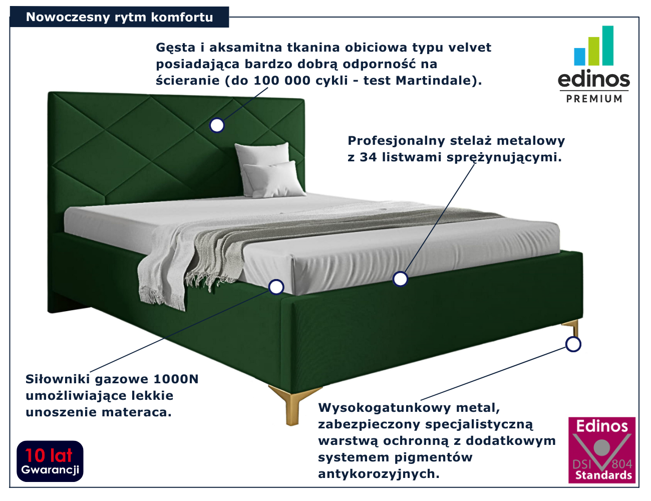 Zielone tapicerowane łóżko z pikowanym zagłówkiem Tollviano