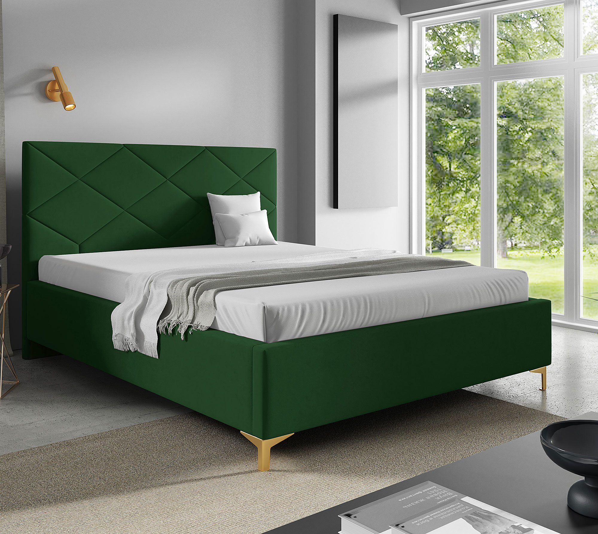 Aranżacja sypialni z zielonym łóżkiem tapicerowanym Tollviano