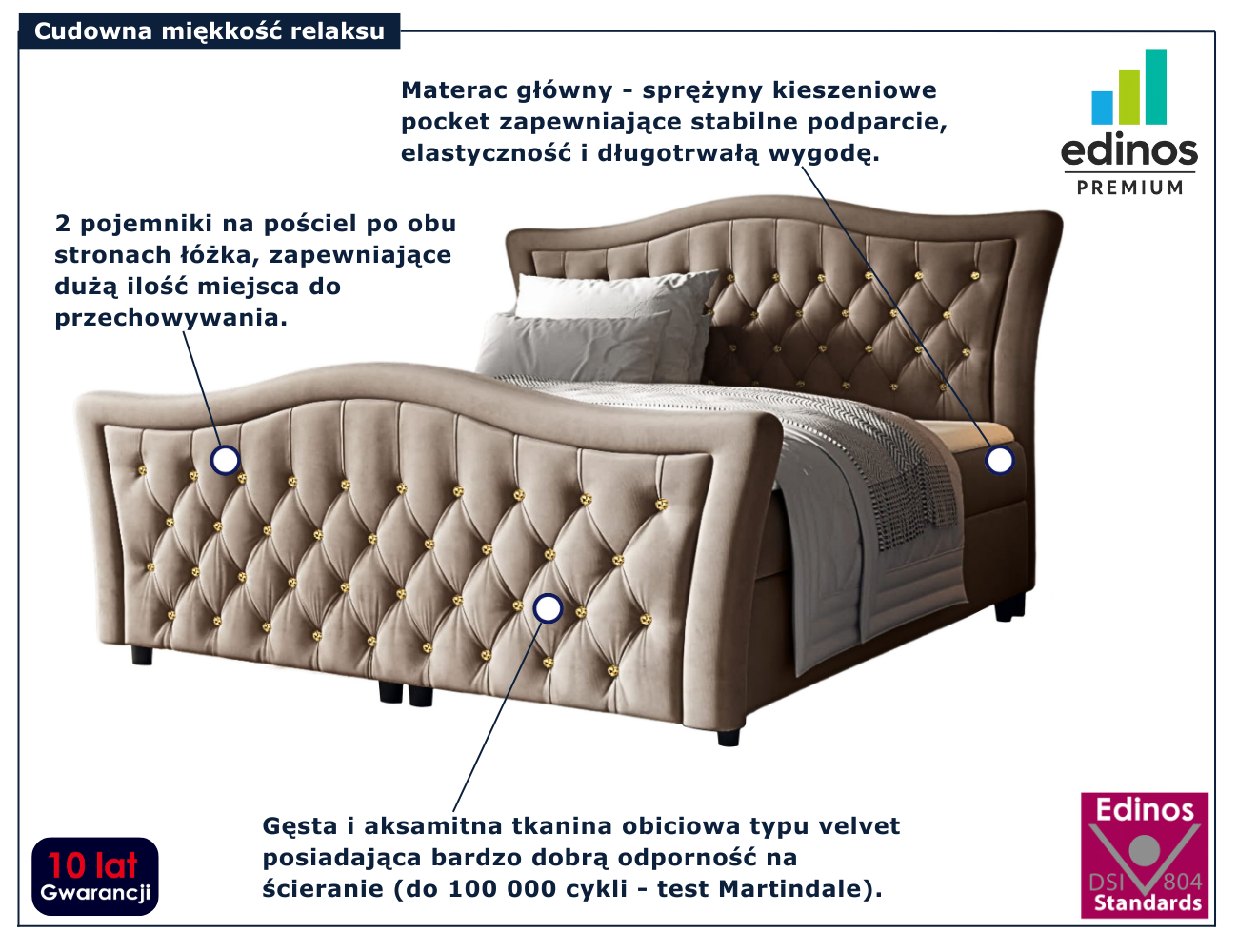 Beżowe tapicerowane łóżko z pikowanym zagłówkiem Belvarinne