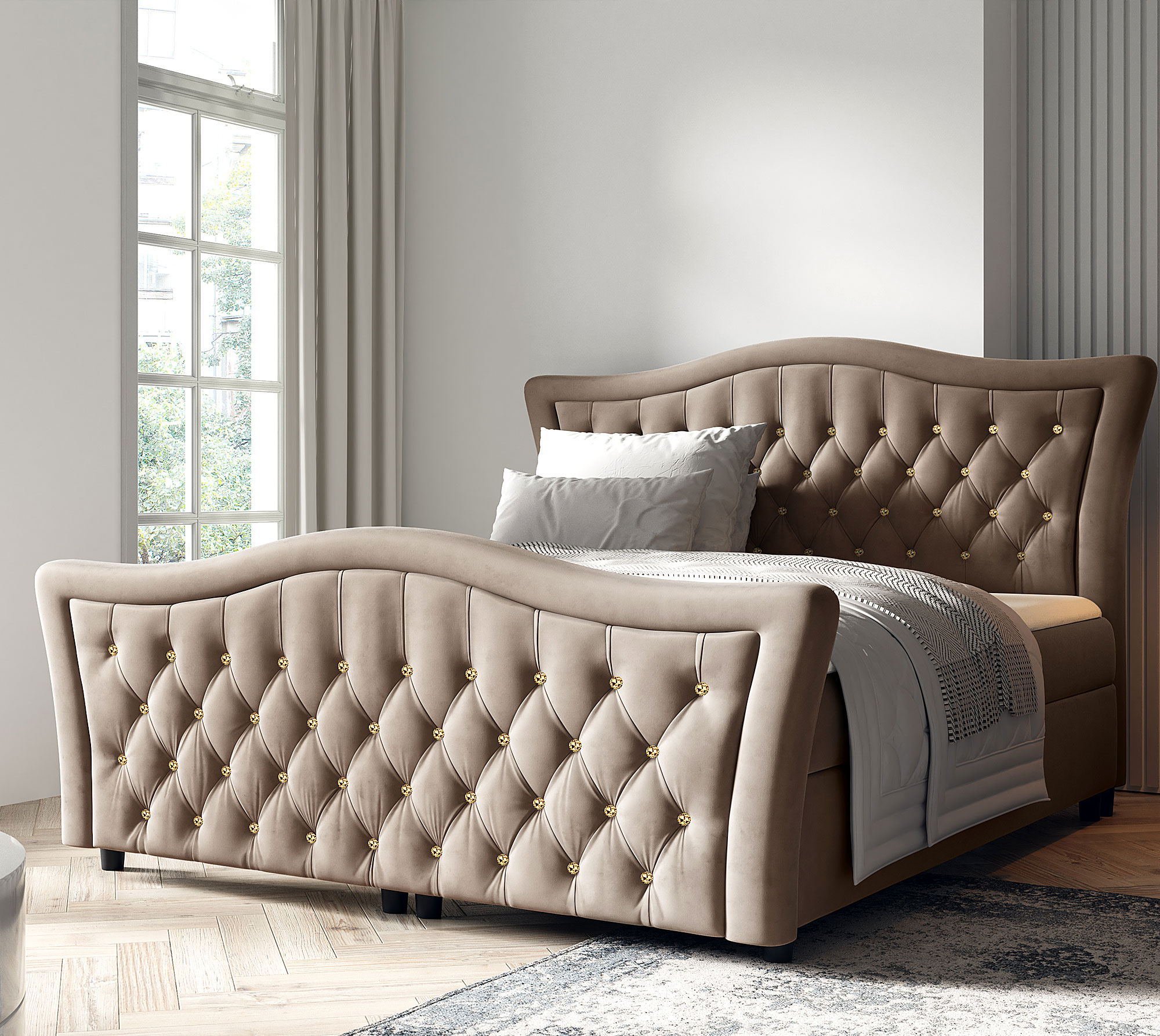 Aranżacja sypialni z beżowym łóżkiem kontynentalnym Belvarinne