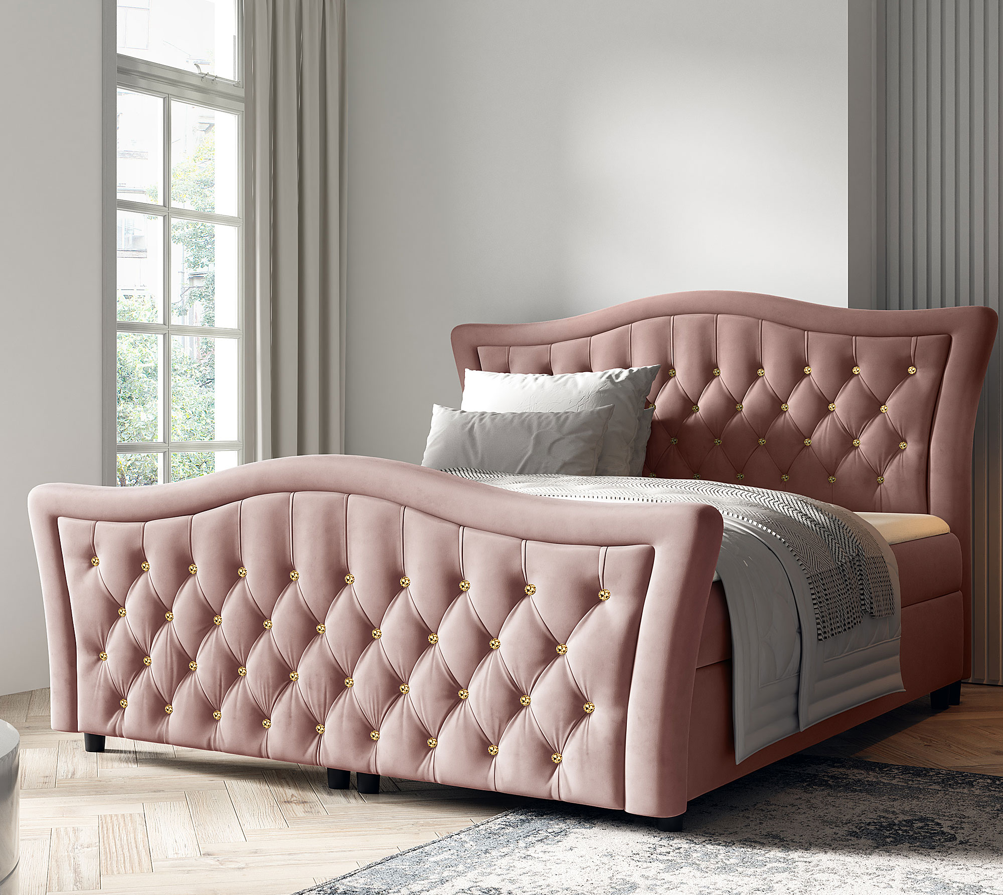 Aranżacja sypialni z różowym łóżkiem kontynentalnym Belvarinne