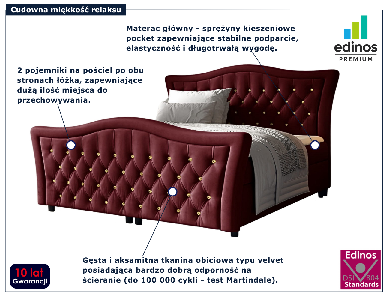 Bordowe tapicerowane łóżko z pikowanym zagłówkiem Belvarinne