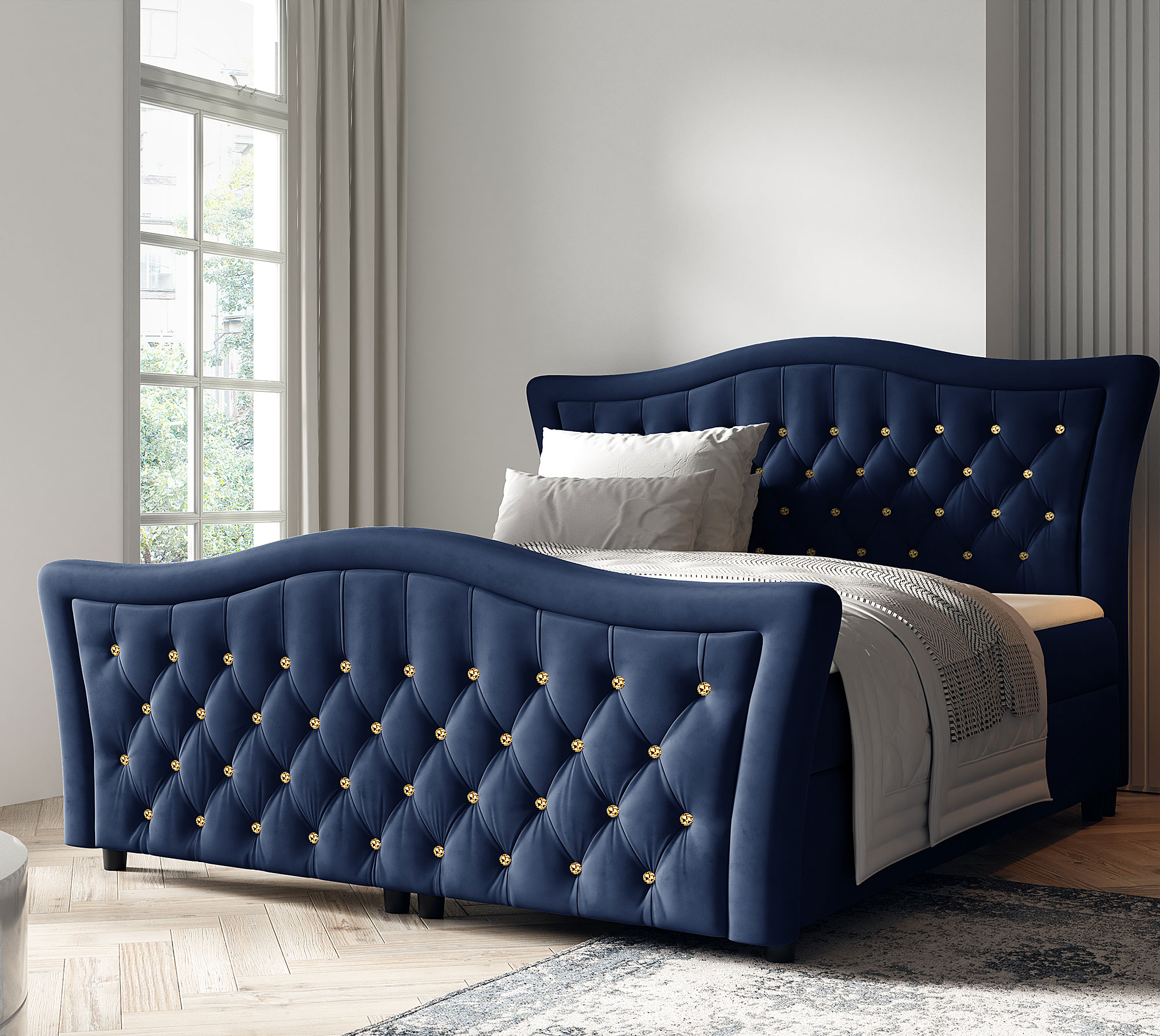 Aranżacja sypialni z granatowym łóżkiem kontynentalnym Belvarinne