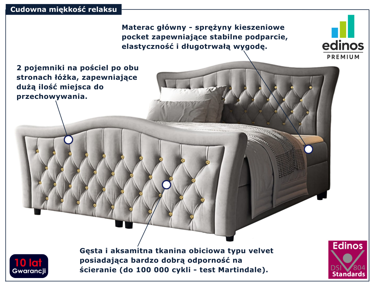 Jasnoszare tapicerowane łóżko z pikowanym zagłówkiem Belvarinne