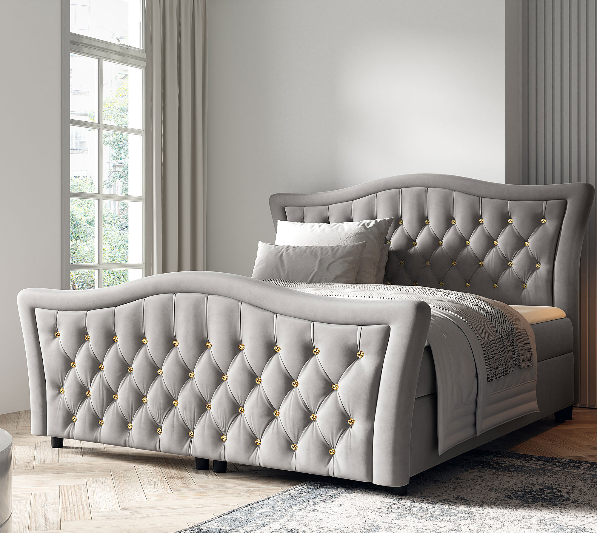 Aranżacja sypialni z jasnoszarym łóżkiem kontynentalnym Belvarinne