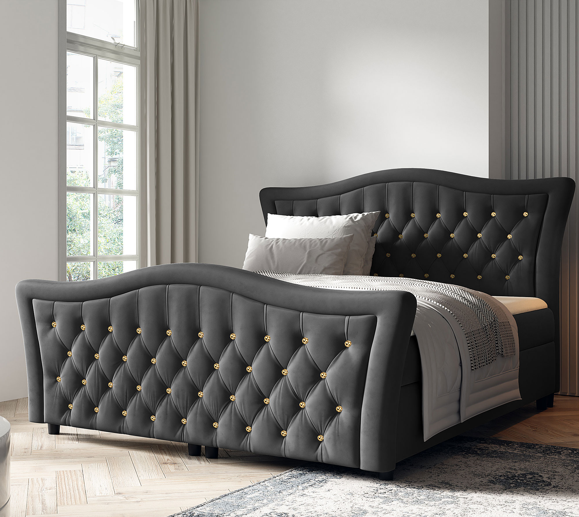 Aranżacja sypialni z ciemnoszarym łóżkiem kontynentalnym Belvarinne