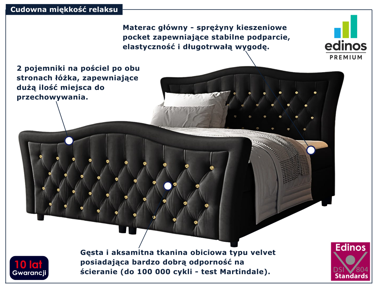 Czarne tapicerowane łóżko z pikowanym zagłówkiem Belvarinne