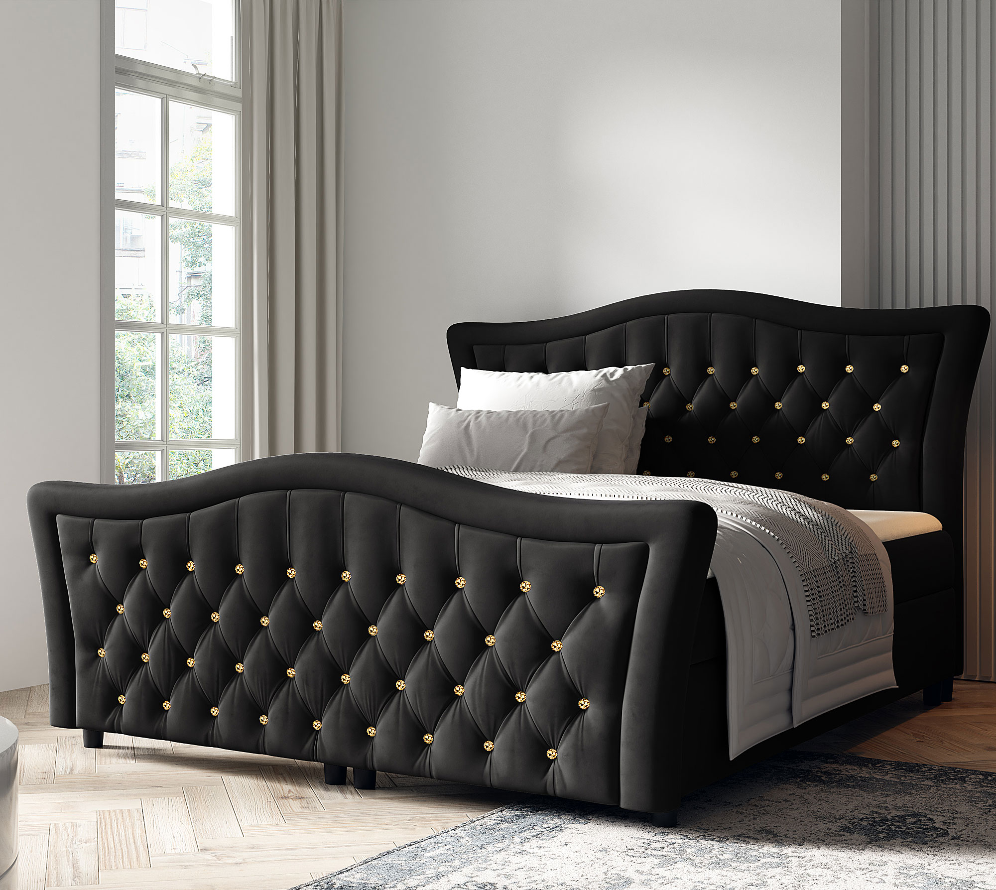 Aranżacja sypialni z czarnymłóżkiem kontynentalnym Belvarinne